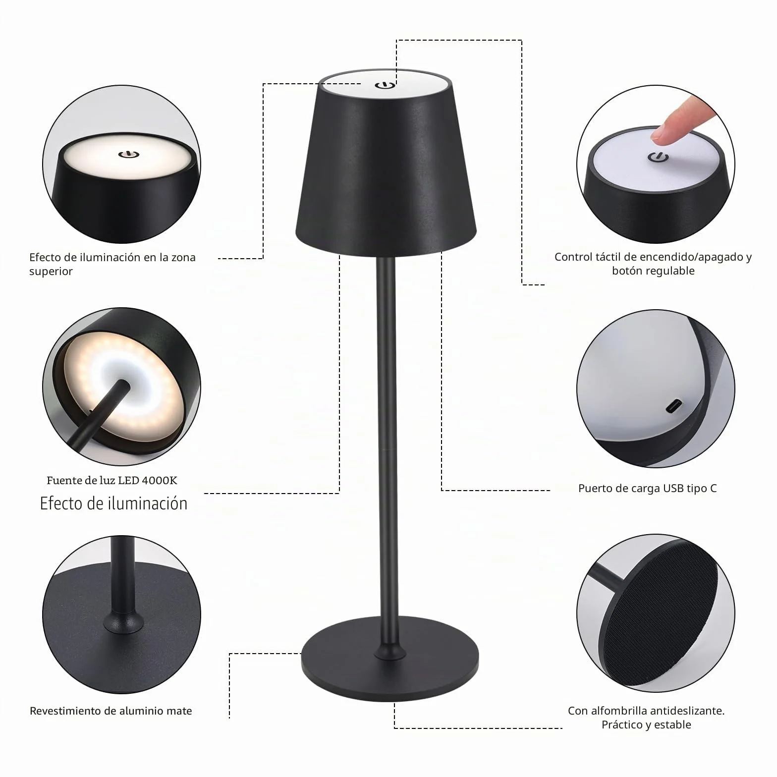 2 lámparas LED de mesa con batería regulable, inalámbrica, recargable, luz cálida, 3000 K, para interior y exterior, con USB-C, aluminio, IP54, resistente al agua, color negro [clase energética A]…