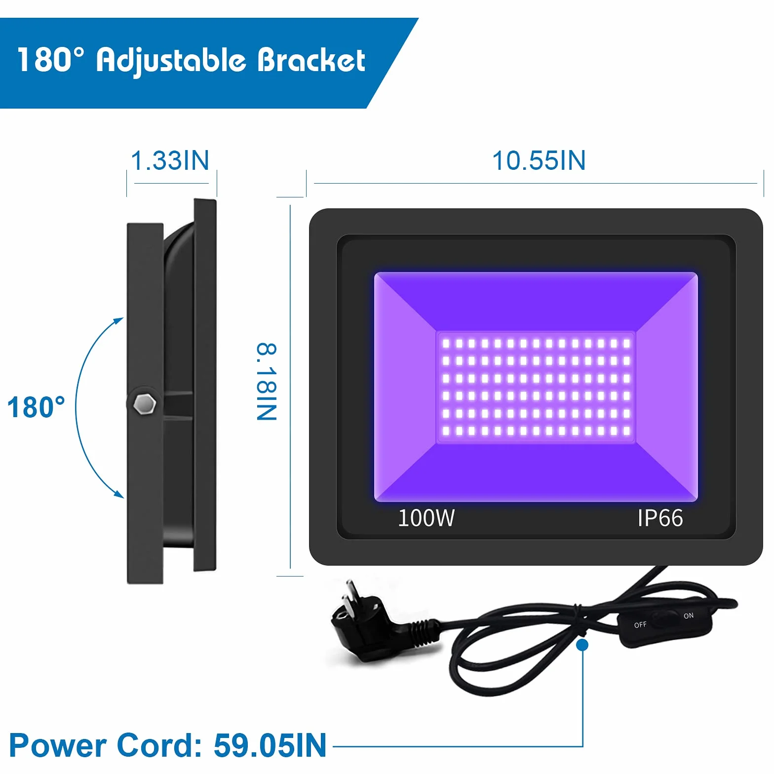 UV Luz negra LED Eleganted 100W LED decorativa violeta Etapa,IP66 Impermeable UV-A 395-400nm Luz de inundación de longitud para fiesta, DJ, escenario entretenimiento