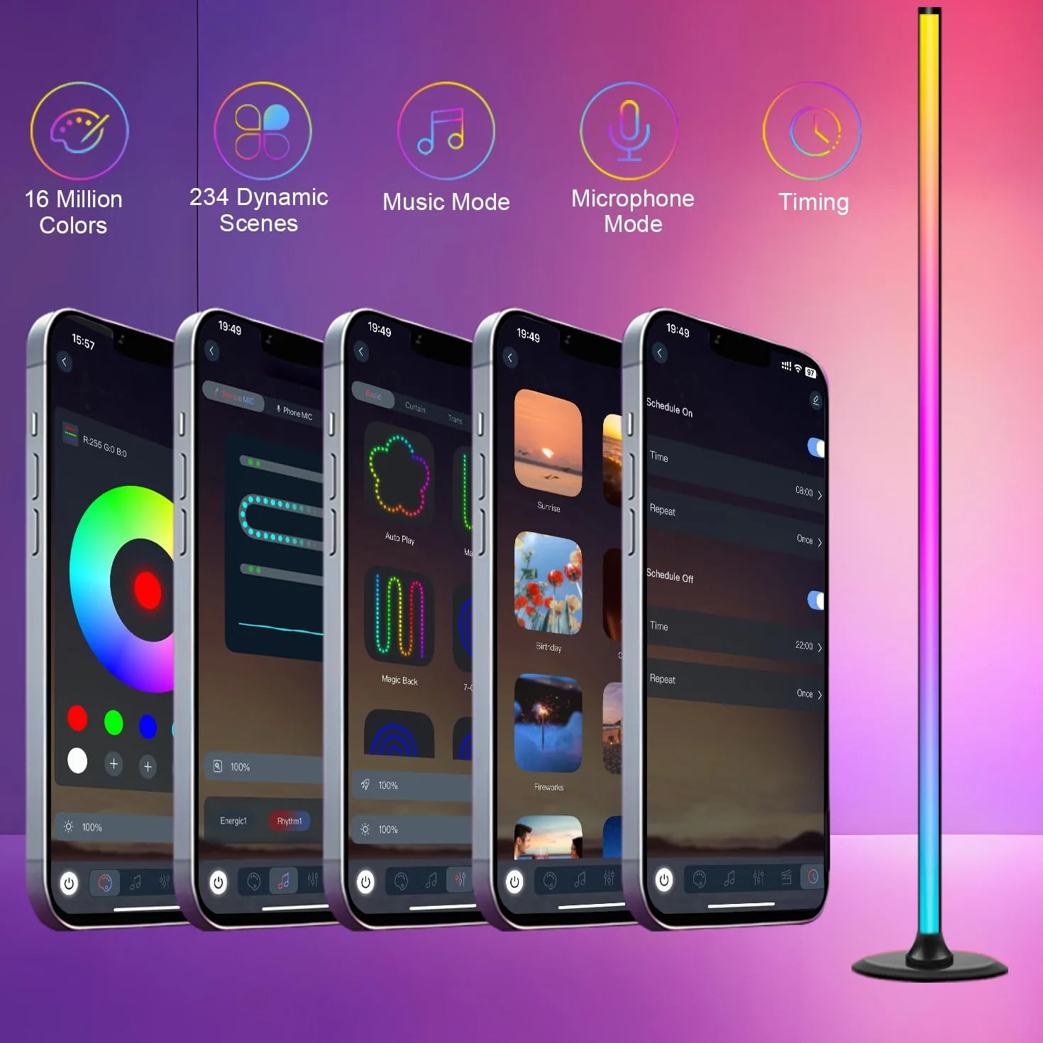 Lámpara de Pie LED Regulable RGB 1.2 m con Control Remoto y APP, 16 Millones de Colores, 234 Modos, Negro