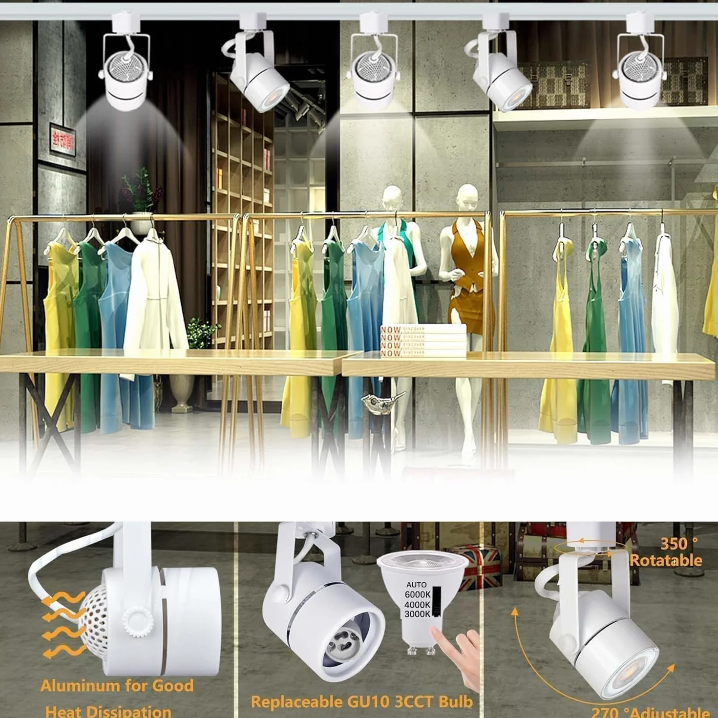 Kit de iluminación LED regulable GU10 10W 3CCT 3000K/4000K/6000K con riel en H 2x1m 6 bombillas intercambiables