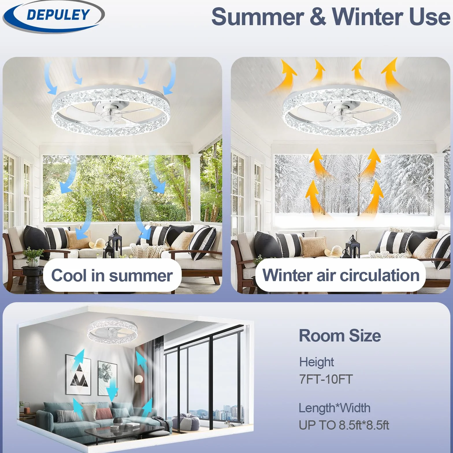 Depuley Ventilador de techo LED 20 pulgadas empotrado con luz regulable control por app blanco