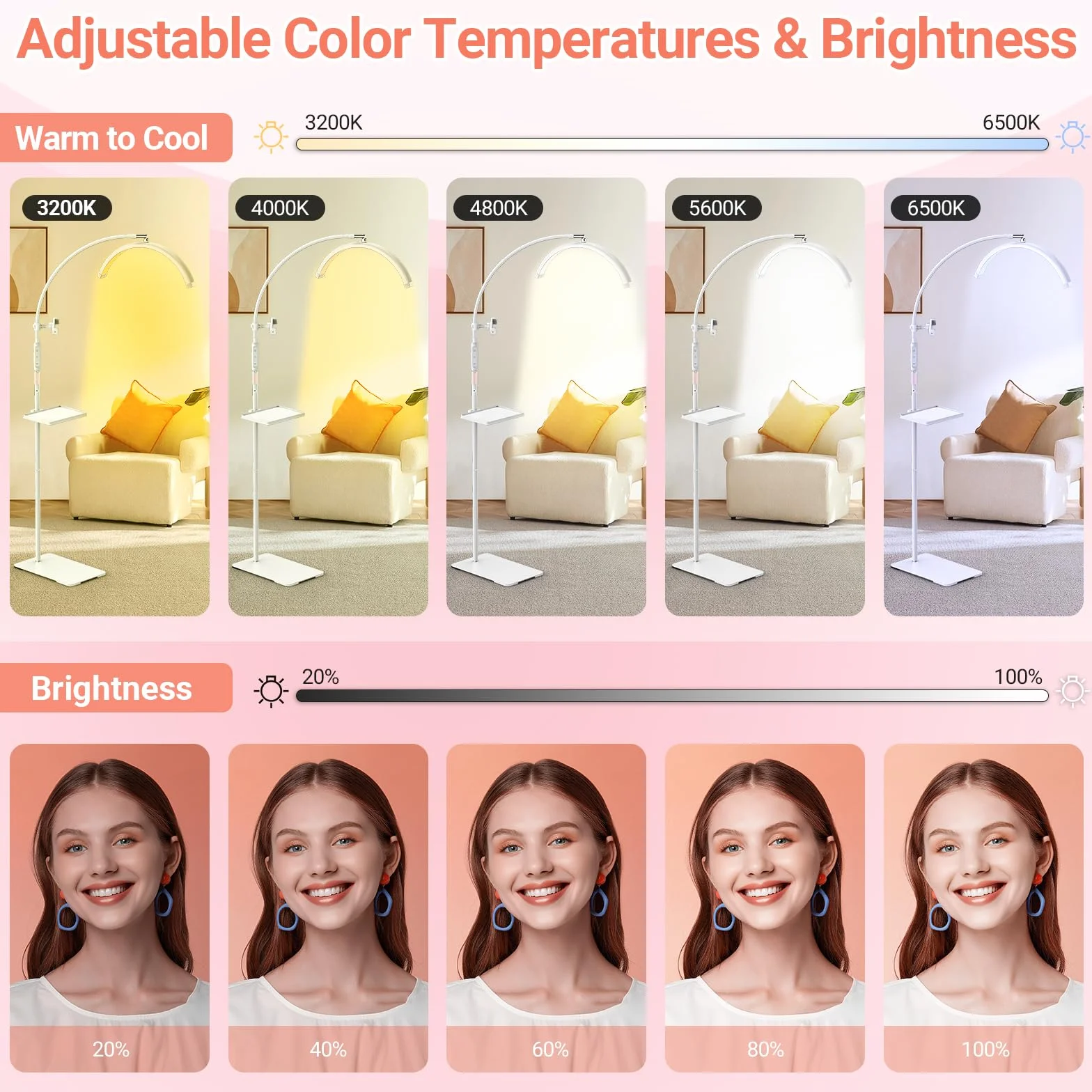 Lampara LED de Pie para Extensiones de Pestañas 18" Plegable 5 Colores Regulables Rotación 360° Blanco