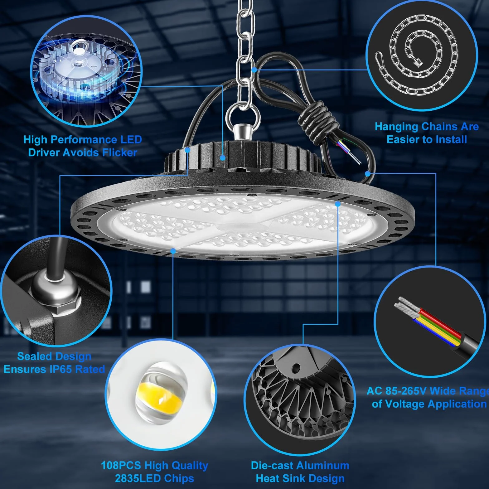 YIQIBRO 100W UFO Foco LED de Interior, 10000LM 7000K Blanco Frio Luz de Garaje,IP65 Impermeable Proyector LED Interior Industrial para Iluminação Comercial 2 Piezas