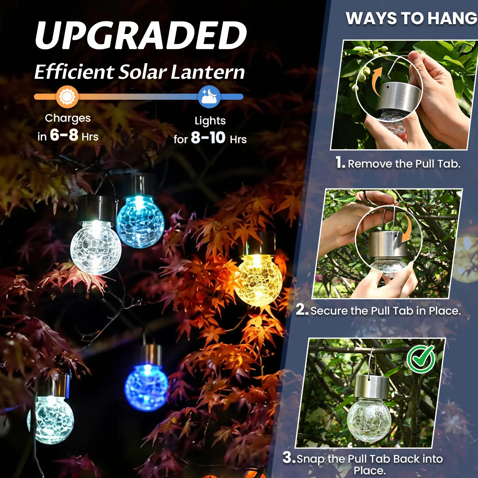 GIGALUMI Paquete de 12 luces solares para exteriores, luces solares colgantes para decoración de Navidad, luces solares de vidrio agrietado para exteriores, impermeables, para jardín, patio, valla,