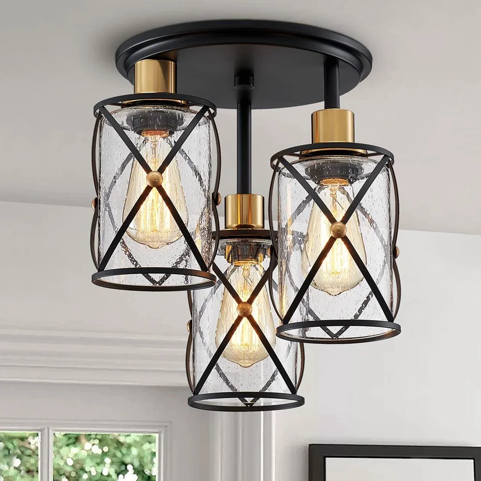WUZUPS araña semi flushmount industrial 3-light plafon lámpara de techo transparente pantalla de cristal semillero para entrada porche vestíbulo cocina comedor baño, w29 h34, e27 base negra con latón