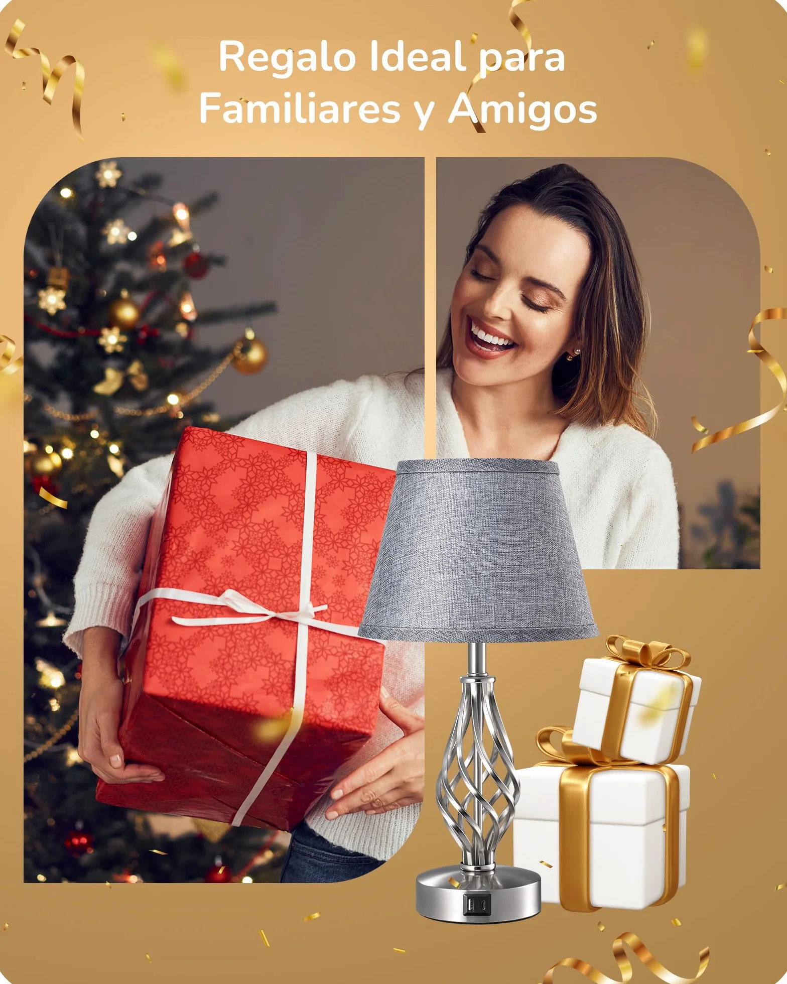 EDISHINE Lámpara de Noche LED Regulable Táctil 2 Lámparas de Mesa 2 Puertos USB de Carga para Dormitorio, Salón, Alféizar de Ventana, Regalo, Pantalla de Lino, Gris