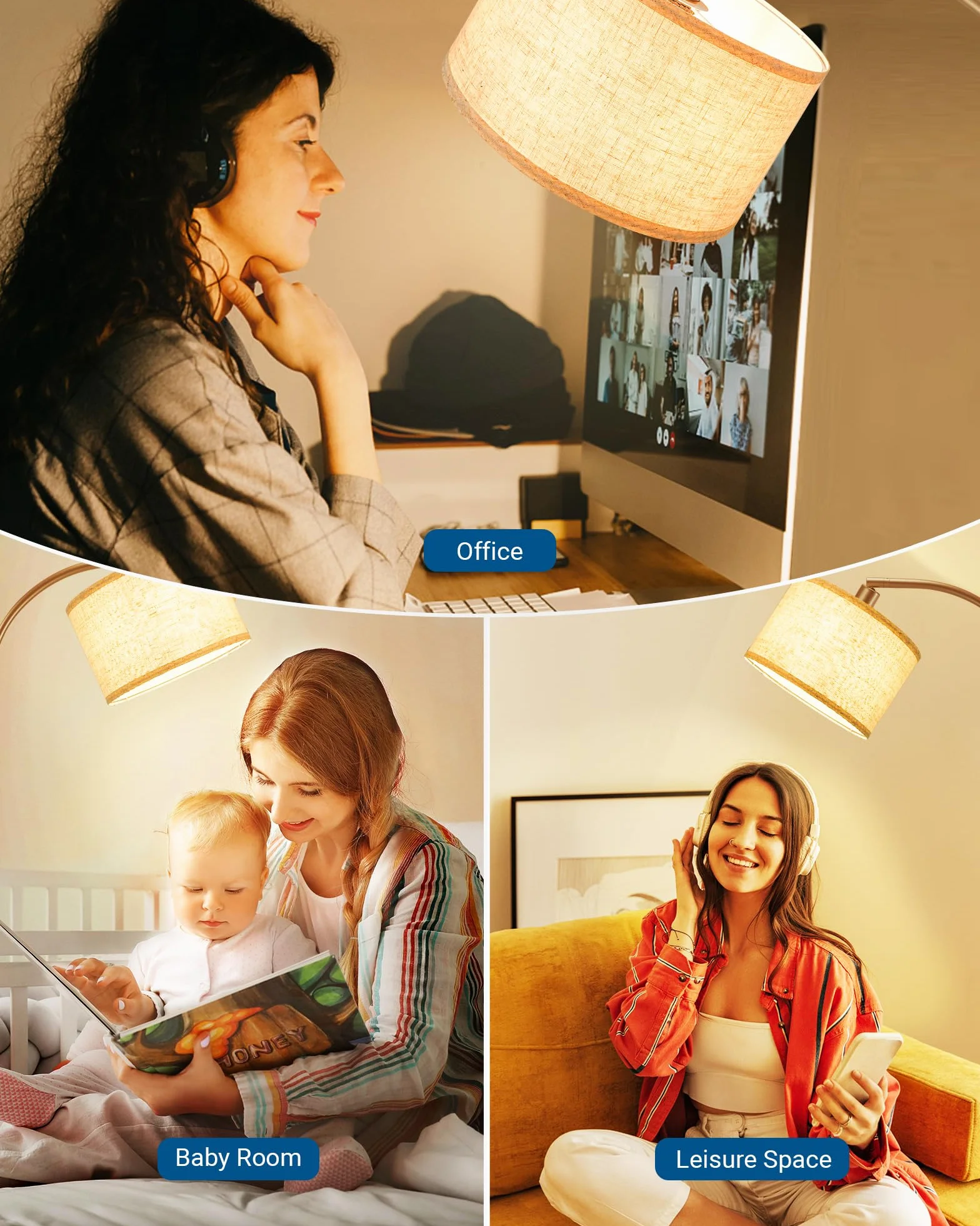 EDISHINE Lámpara de Pie Arco 161cm Pantalla de Lino Beige E27 con Bombilla LED Ajustable Dorado