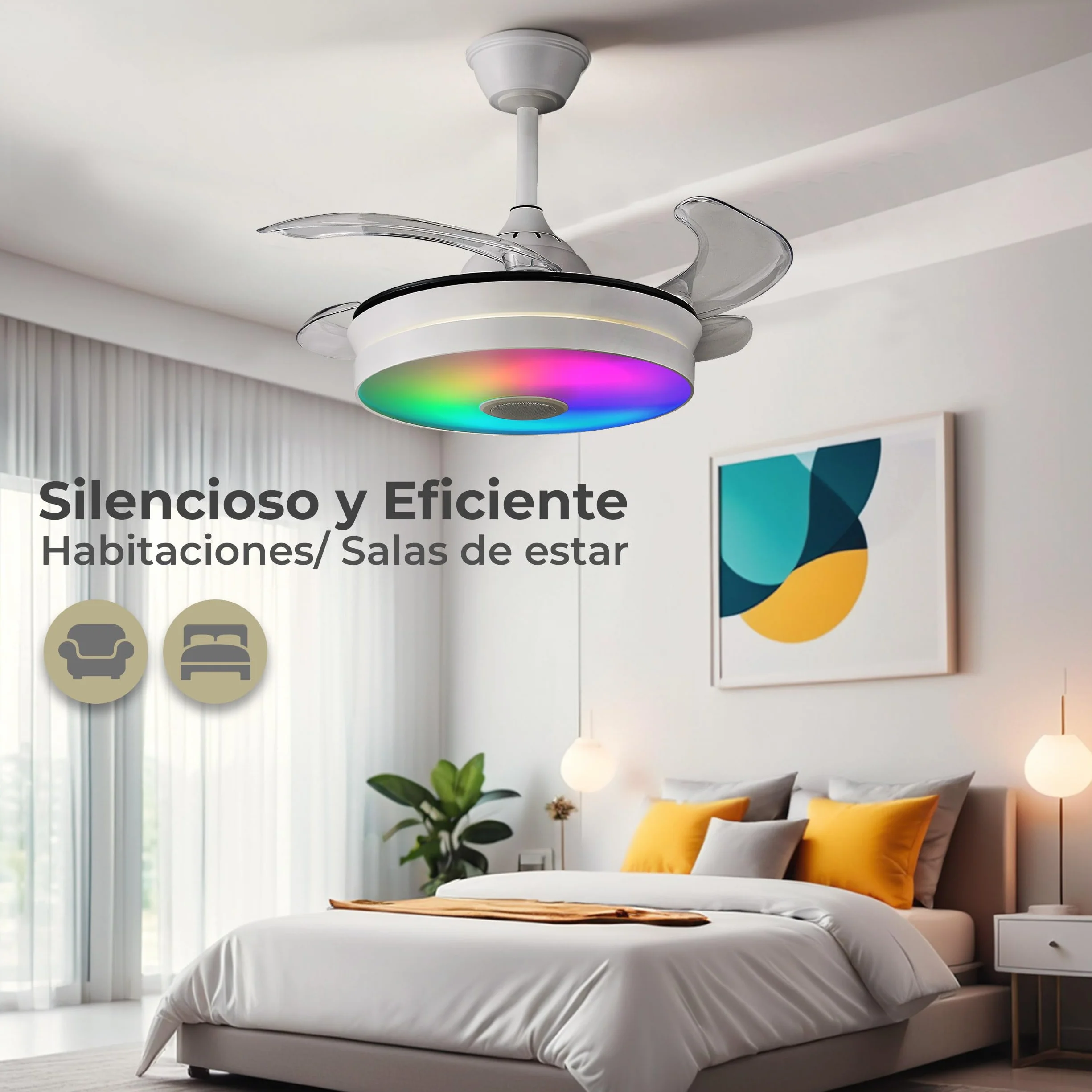 LUMIKING Ventilador de Techo con Luz LED - Aspas Retráctiles, Música y RGB - Silencioso con Lámpara y Moderno con Mando a Distancia, Bluetooth y APP para Salón y Dormitorio (92 cm)