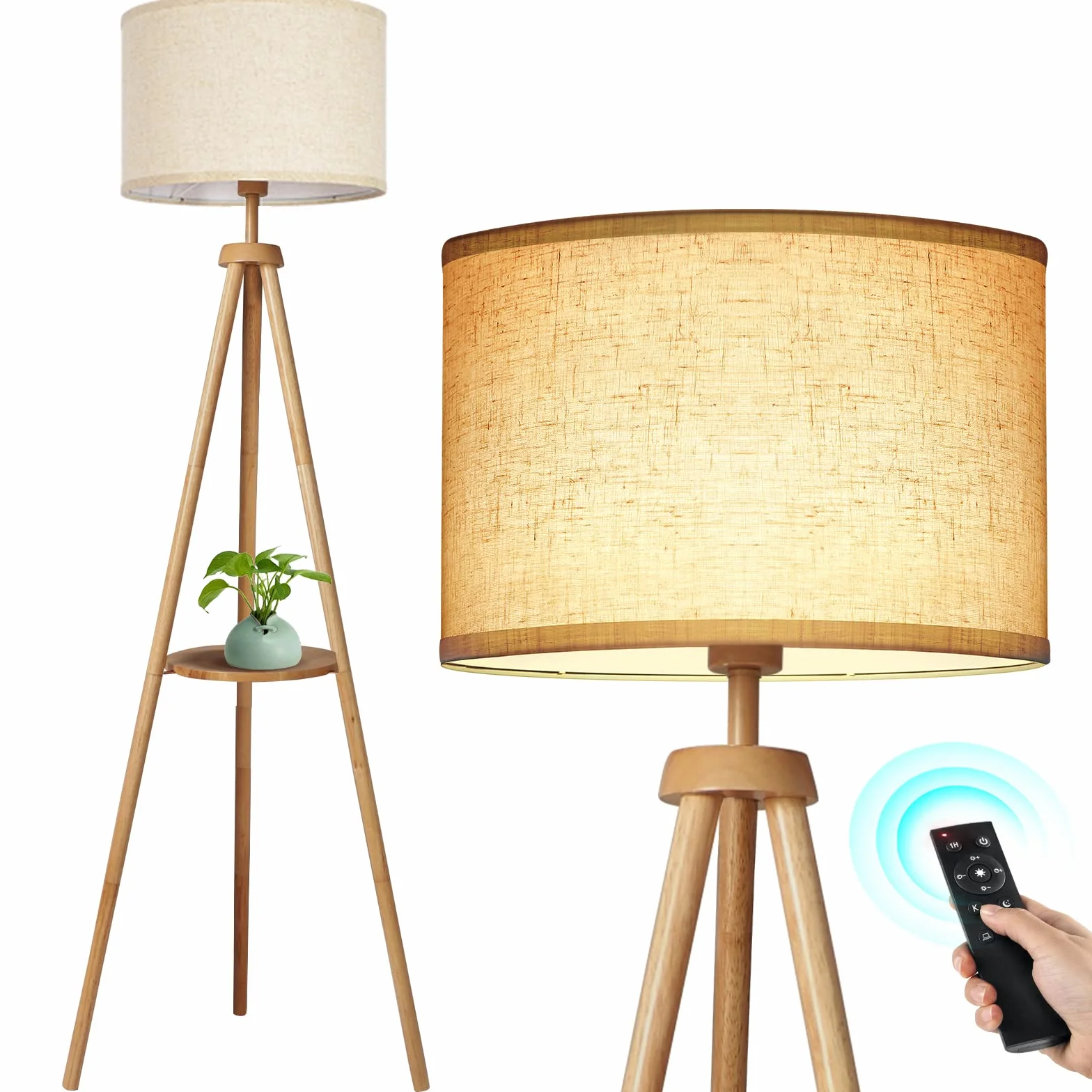 OUTON Lámpara de Pie con Control Remoto, Ajustable, 4 Temperaturas de Color, Temporizador 1H, Madera