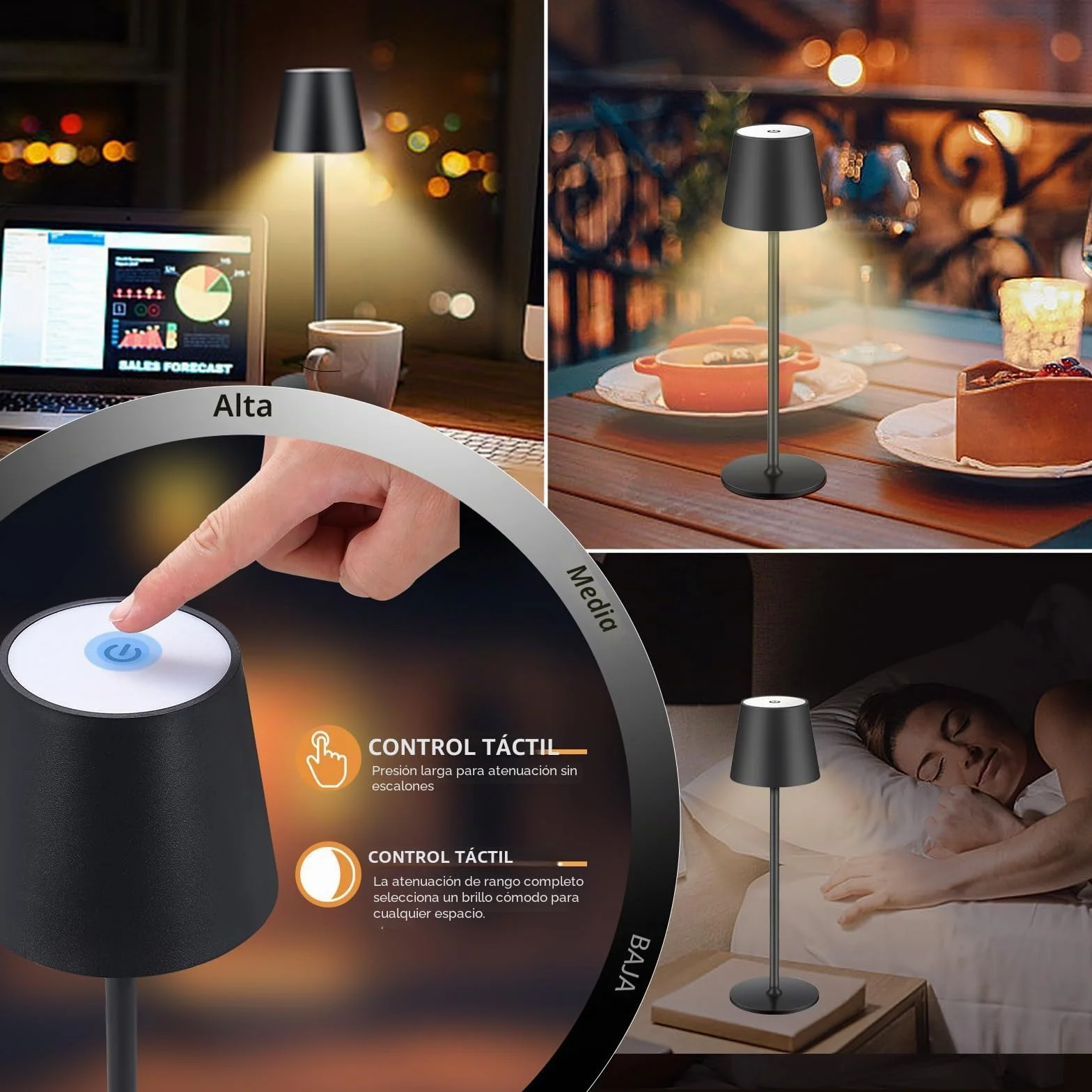 2 lámparas LED de mesa con batería regulable, inalámbrica, recargable, luz cálida, 3000 K, para interior y exterior, con USB-C, aluminio, IP54, resistente al agua, color negro [clase energética A]…