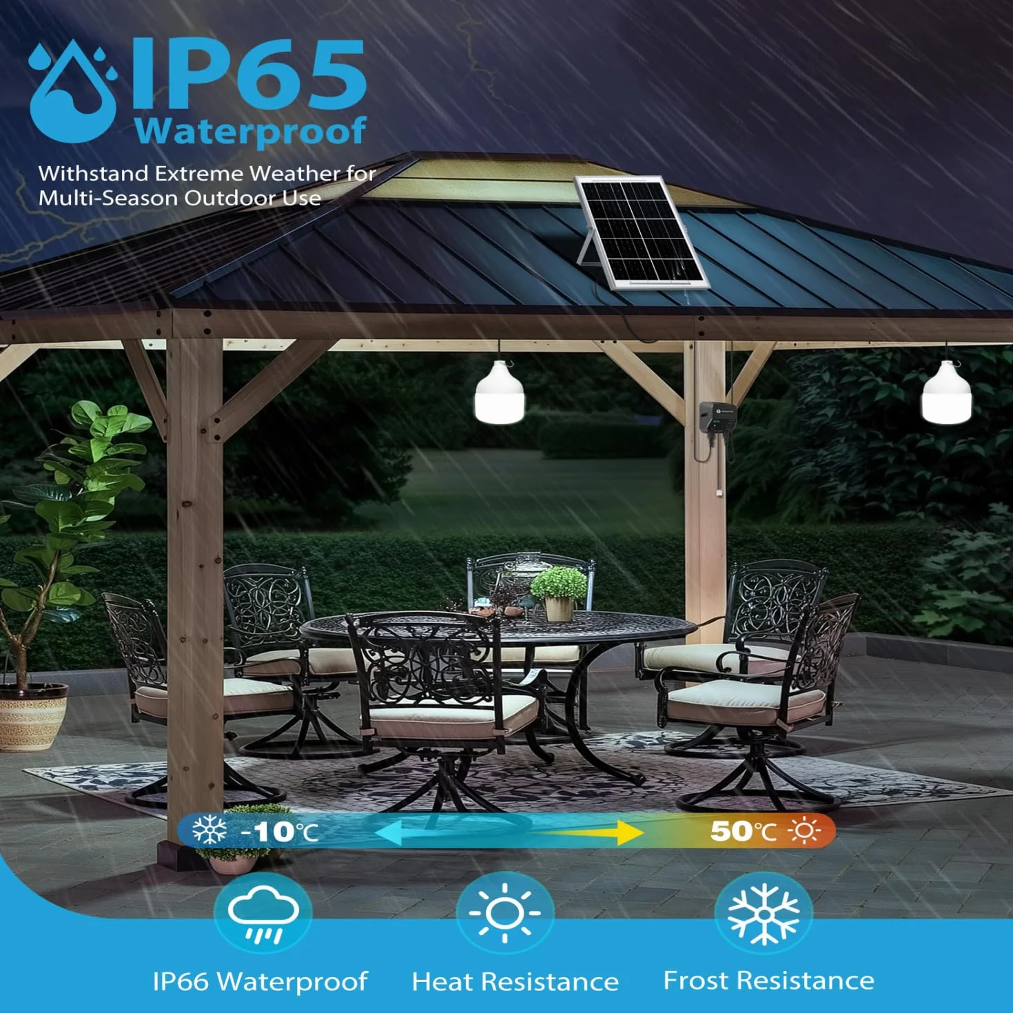 Aigostar- Luz LED Solar Exterior 70W, con Mando a Distancia y Caja de Almacenamiento de Energía, Cable de 11M, IP65 Impermeable, Lámpara Solar Exterior para Interior, Jardín, Cochera, Camping, Pesca
