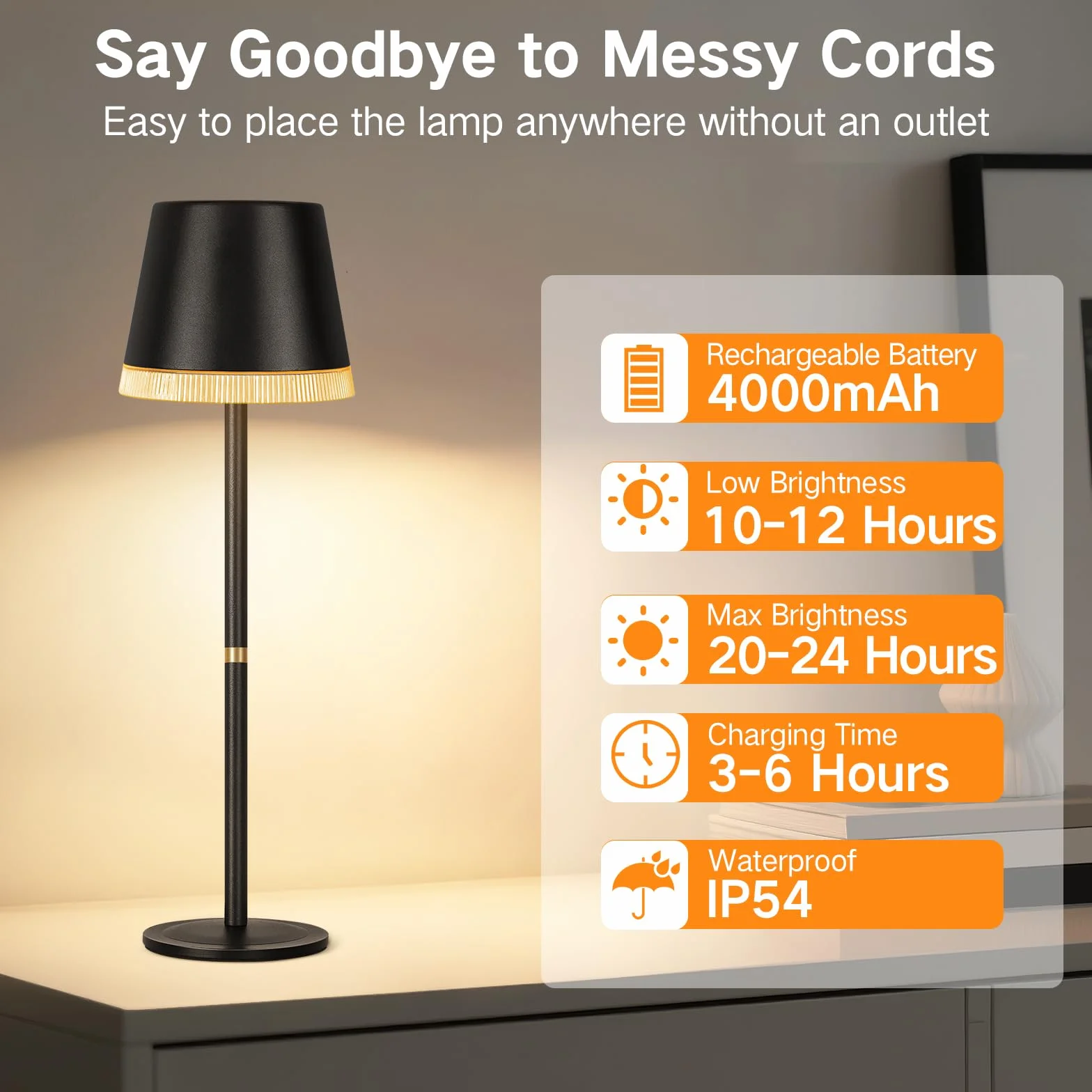 OUTON Lámpara de Mesa Inalámbrica con 3 Modos de Luz y RGB, LED Recargable con Control Táctil, Regulable y Memoria, Impermeable IP54 para Dormitorio, Bar y Café, Negro