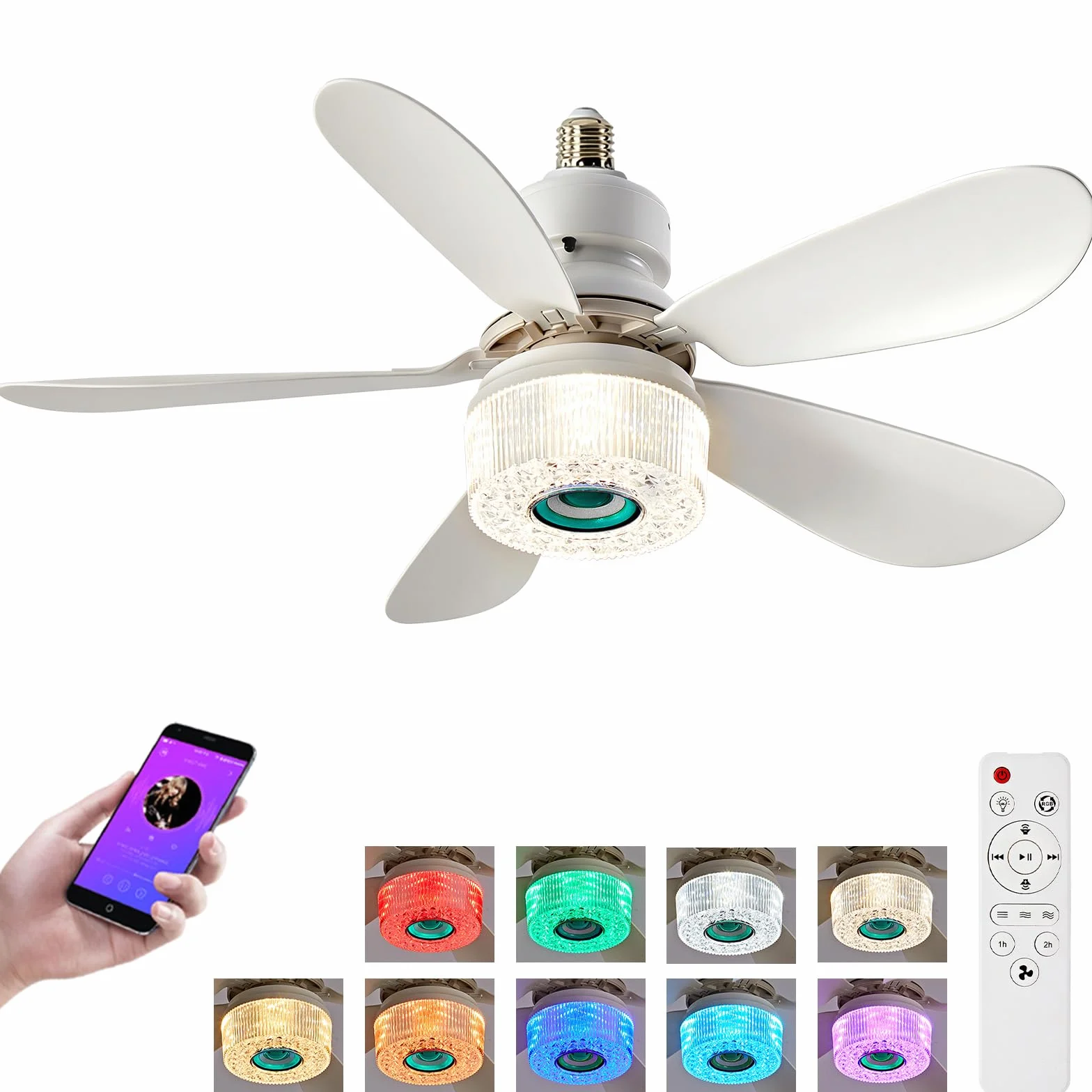 Ventilador de techo 52 cm 6 aspas RGB Altavoz Bluetooth Control Remoto 3 Velocidades Color Ajustable Verde
