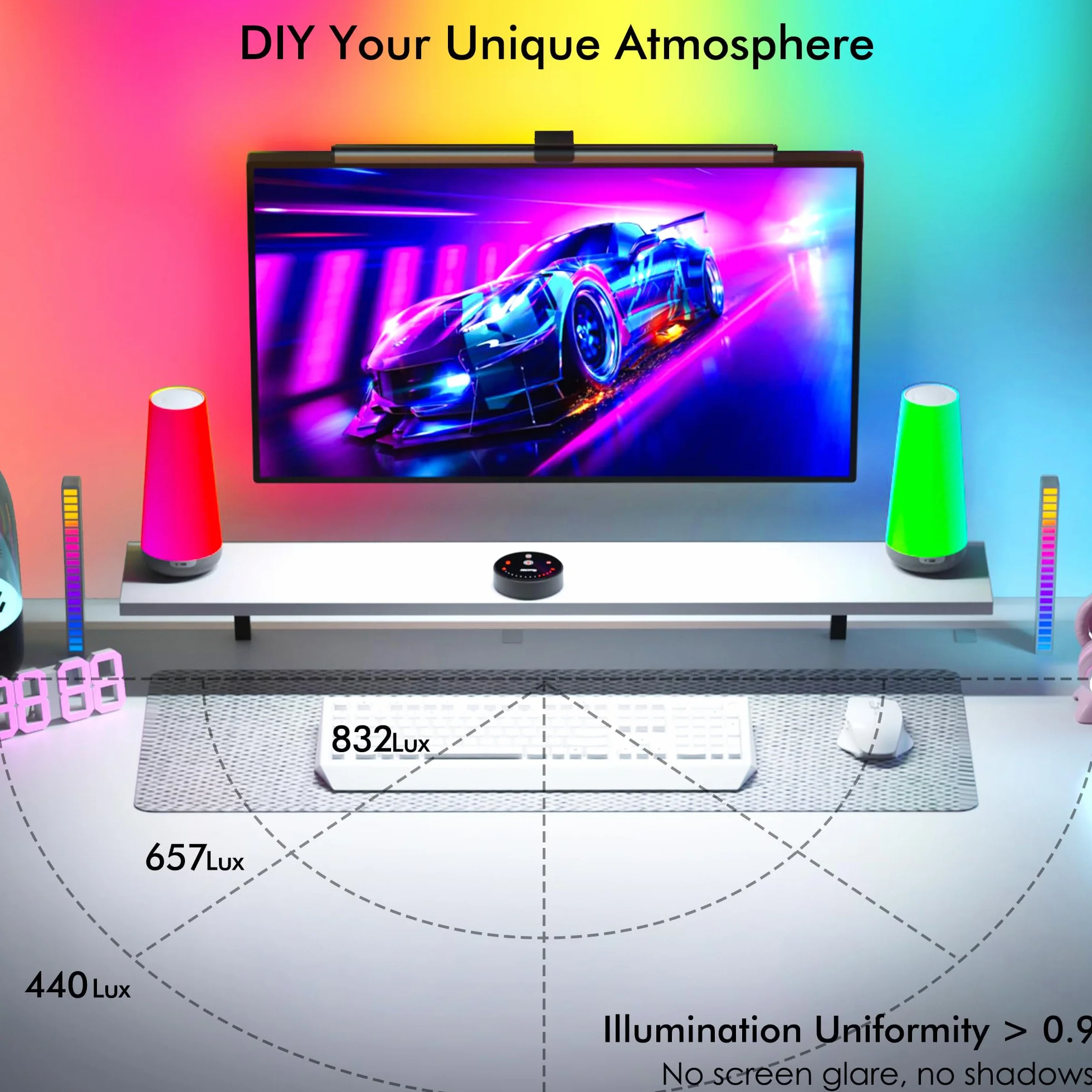 Quntis 51CM Luz Monitor con Retroiluminación Rgb, Lámpara de Monitor Remota con 15 Modos de Retroiluminación, Regulable y Antideslumbrante, Luz Ordenador para Todos los Monitores