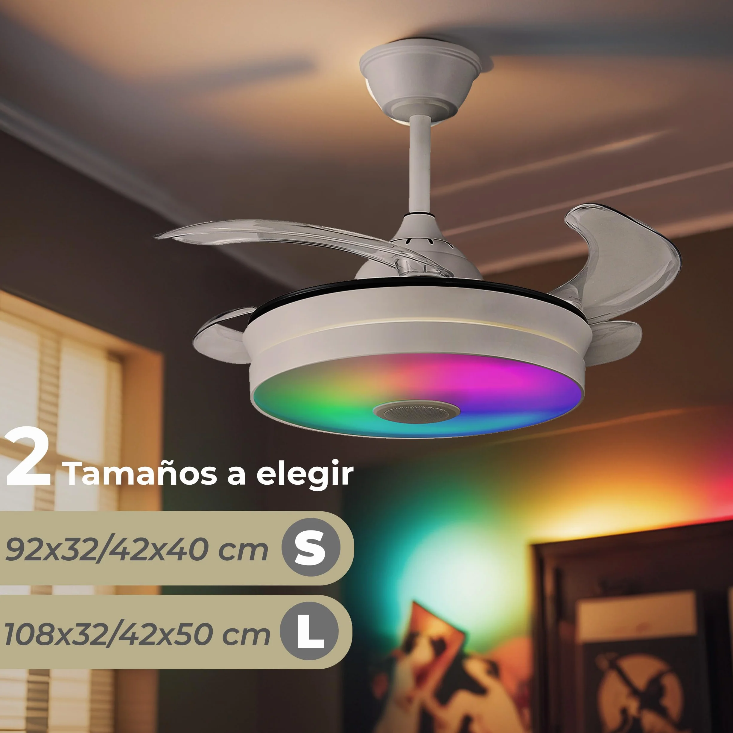 LUMIKING Ventilador de Techo con Luz LED - Aspas Retráctiles, Música y RGB - Silencioso con Lámpara y Moderno con Mando a Distancia, Bluetooth y APP para Salón y Dormitorio (92 cm)