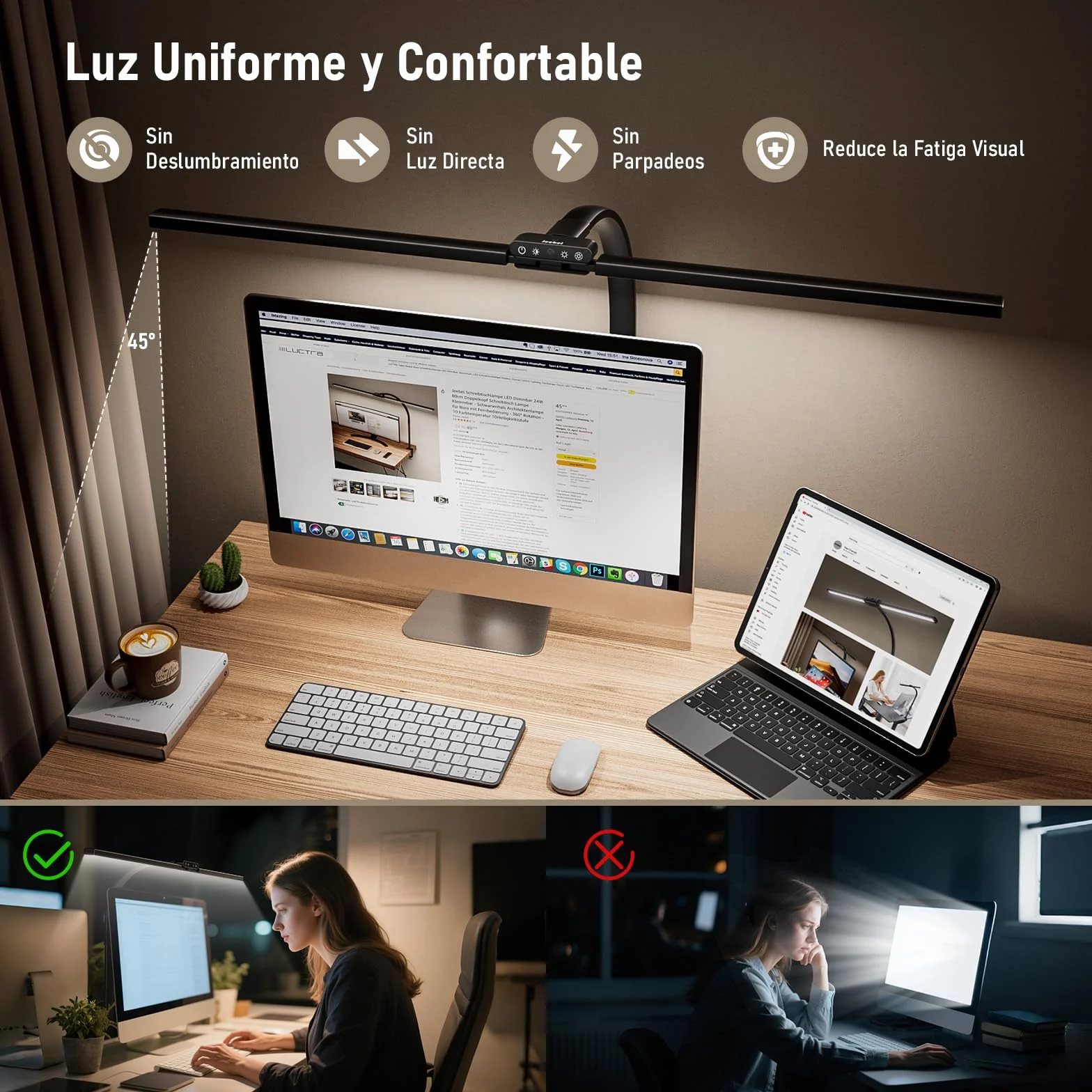 Jeebel Lámpara de Escritorio Pinza LED 24W 80cm Doble Cabezal 1800LM 10 Temperatura Color 10 Niveles Brillo