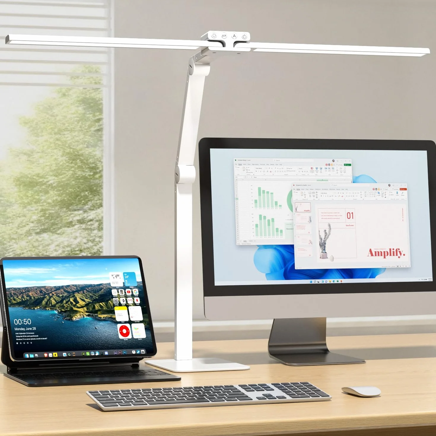 KableRika Lámpara Escritorio LED 24W 80cm Flexo Doble Cabezal Base Regulable 1200 lúmenes