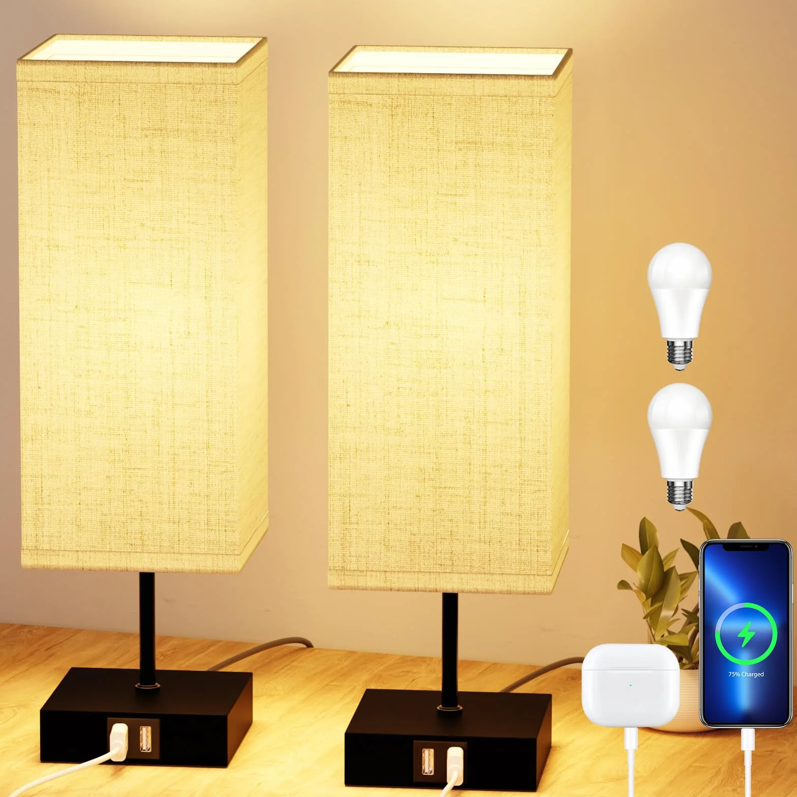 Lámparas de Mesita de Noche Control Táctil, Bedside Lamp Regulable con 3 Temperaturas de Color y 2 Puertos USB