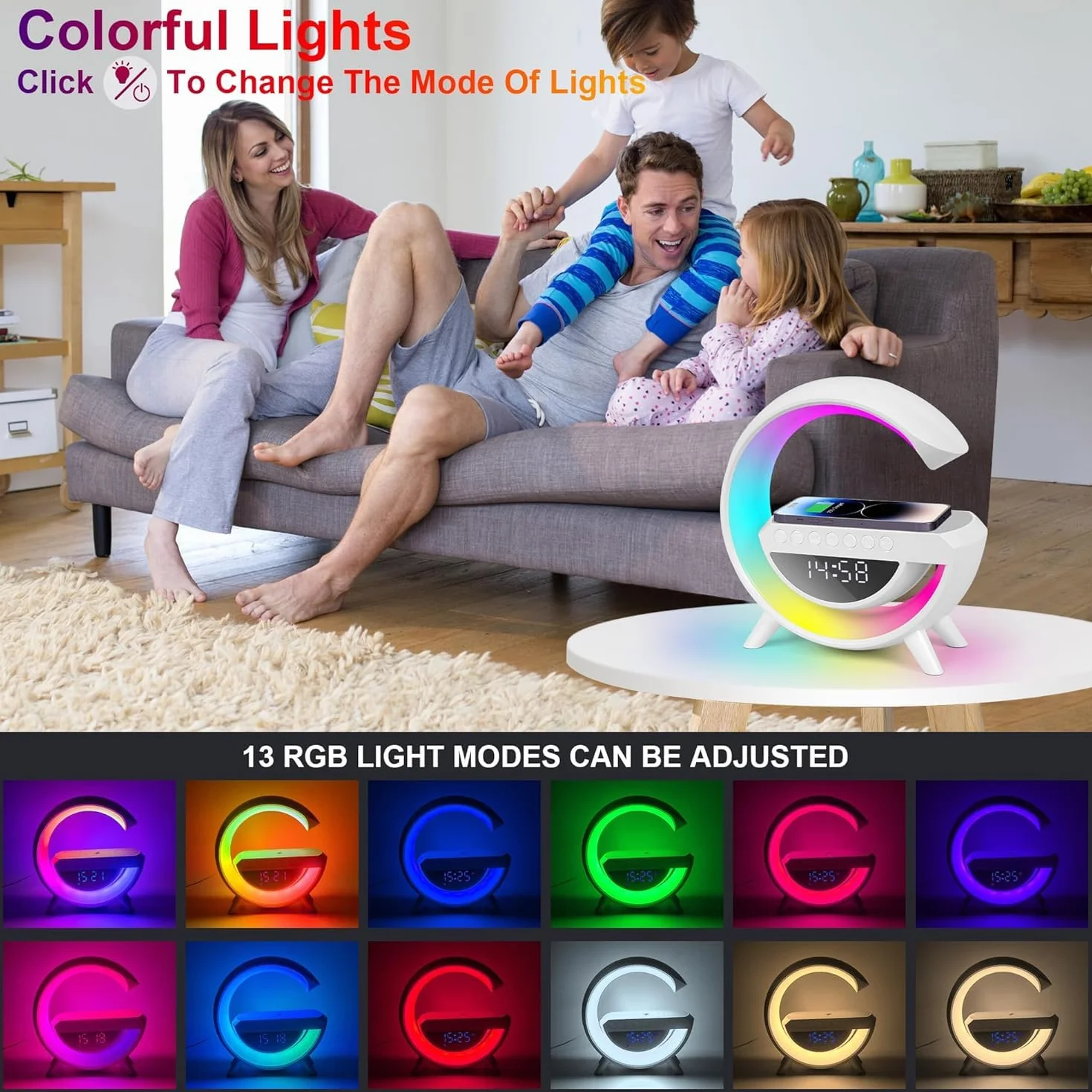 Lámpara con Cargador Inalámbrico 15W, Estación de Carga con Altavoz Bluetooth, Despertador Digital con Luz RGB y Luz Nocturna, Multifuncional para Dormitorio, Camping y Viajes