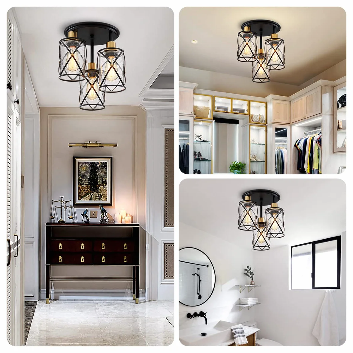 WUZUPS araña semi flushmount industrial 3-light plafon lámpara de techo transparente pantalla de cristal semillero para entrada porche vestíbulo cocina comedor baño, w29 h34, e27 base negra con latón