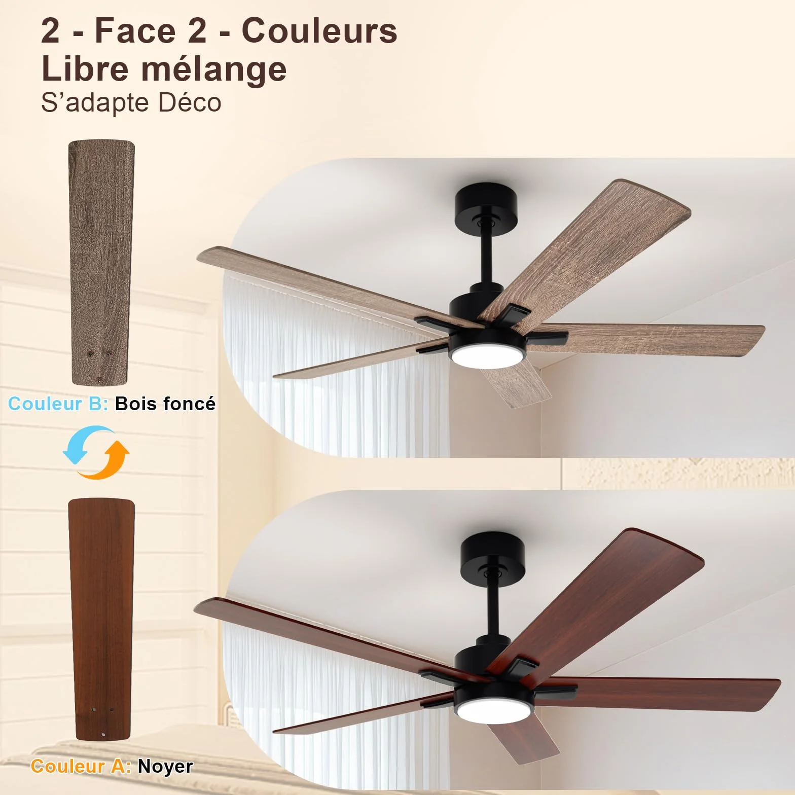 Ventilador de Techo con Luz DC, 132 cm, 3 Temperaturas de Color, 6 Velocidades, Función Verano/Invierno, Nogal