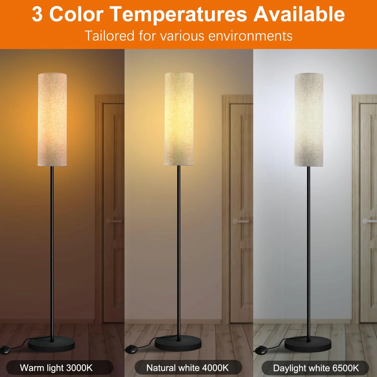 Yicenscoltd lámpara de pie LED regulable 3 temperaturas color E27 12 W pantalla lino interruptor pie