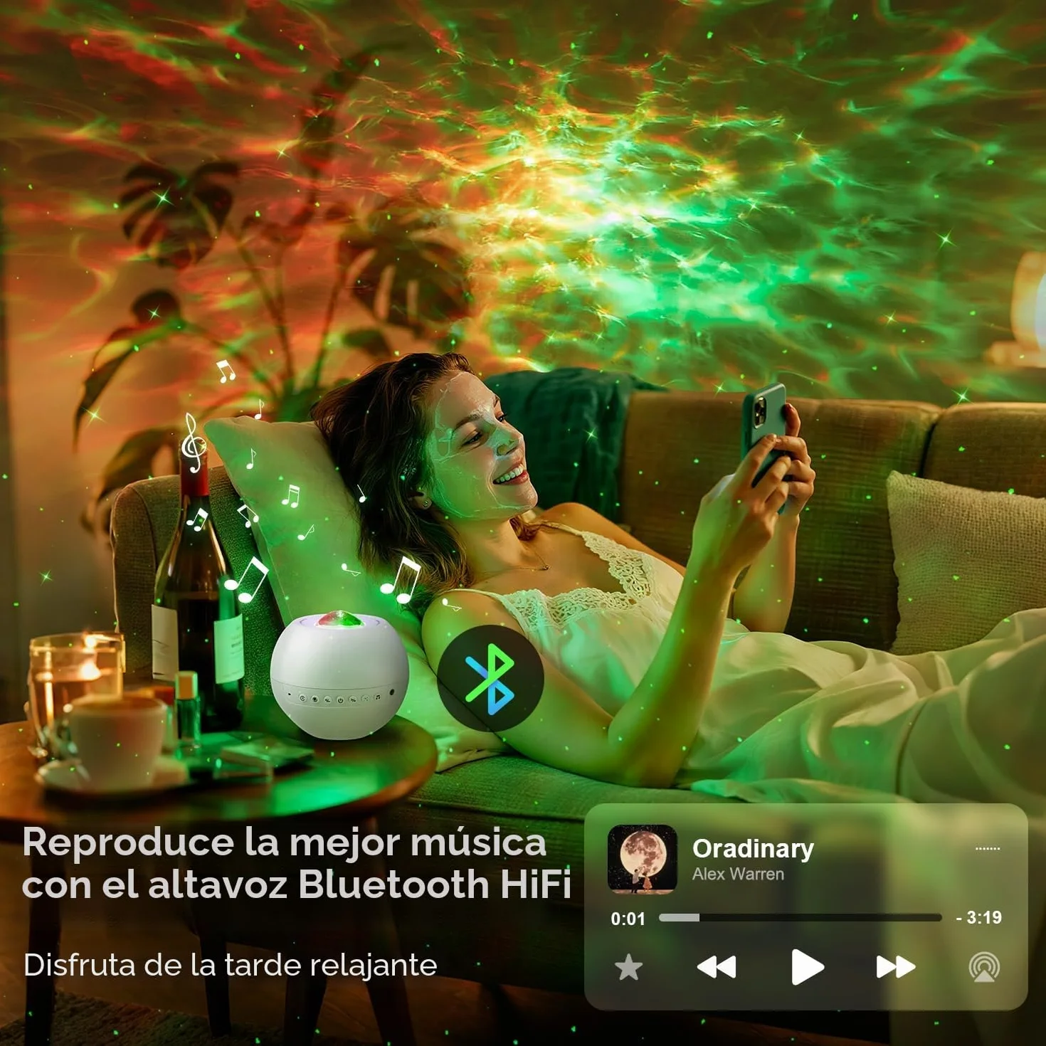 One Fire Proyector de Galaxias y Estrellas Real, 15 Colores 360 Modo Luces LED, Ruido Blanco Bebe Bluetooth Luz Nocturna Infantil Lampara LED
