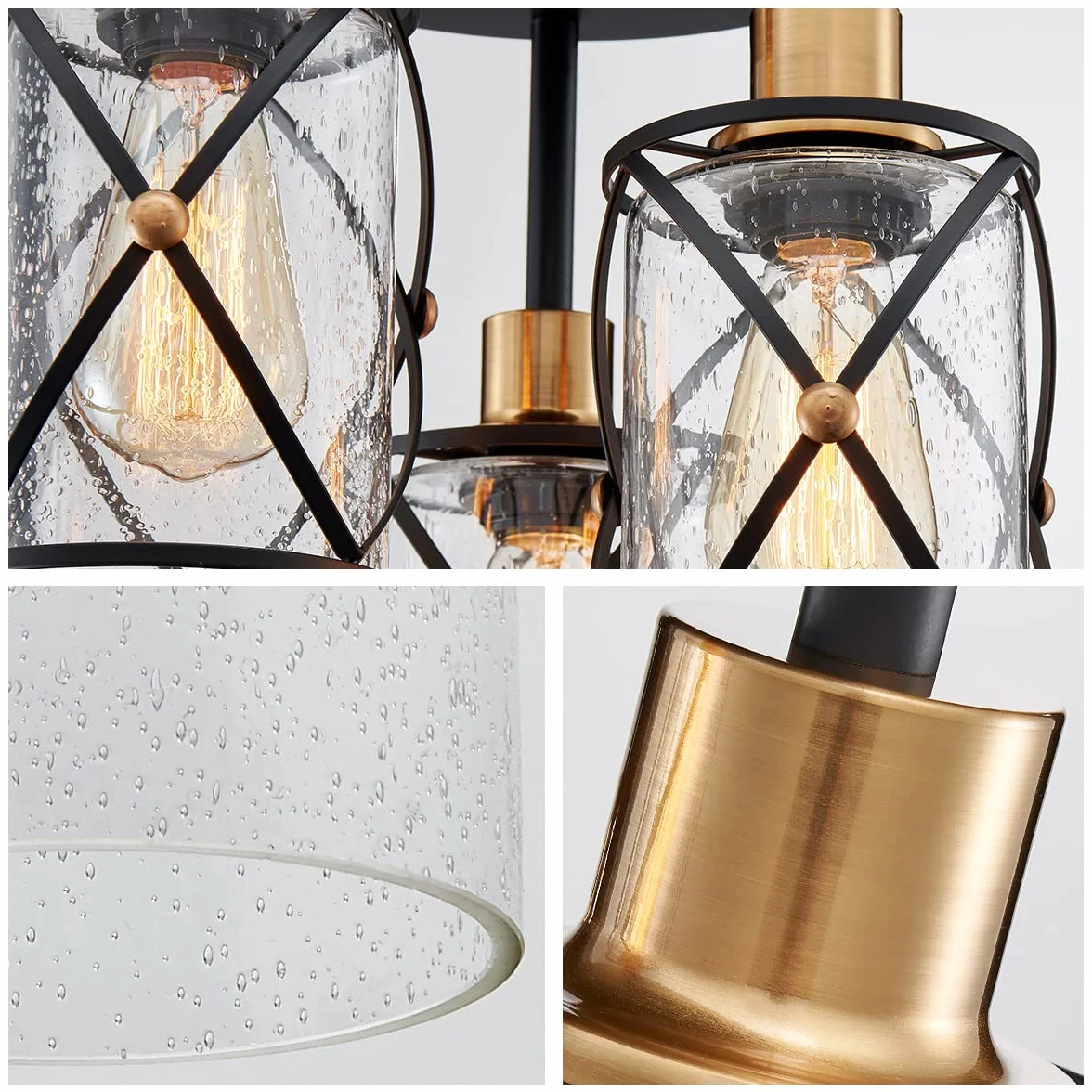 WUZUPS araña semi flushmount industrial 3-light plafon lámpara de techo transparente pantalla de cristal semillero para entrada porche vestíbulo cocina comedor baño, w29 h34, e27 base negra con latón