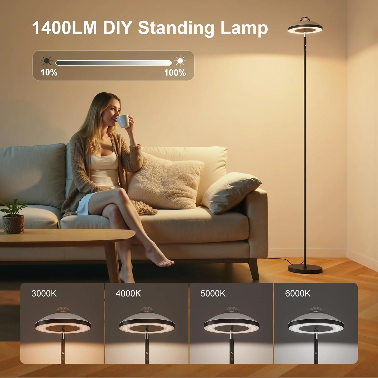 DUSKTEC Lámpara de Pie LED Inteligente para Salón | Proyector de Estrellas y Luz de Lectura | Regulable con Mando a Distancia y Temporizador | Lámpara de Pie para Dormitorio Infantil y Oficina