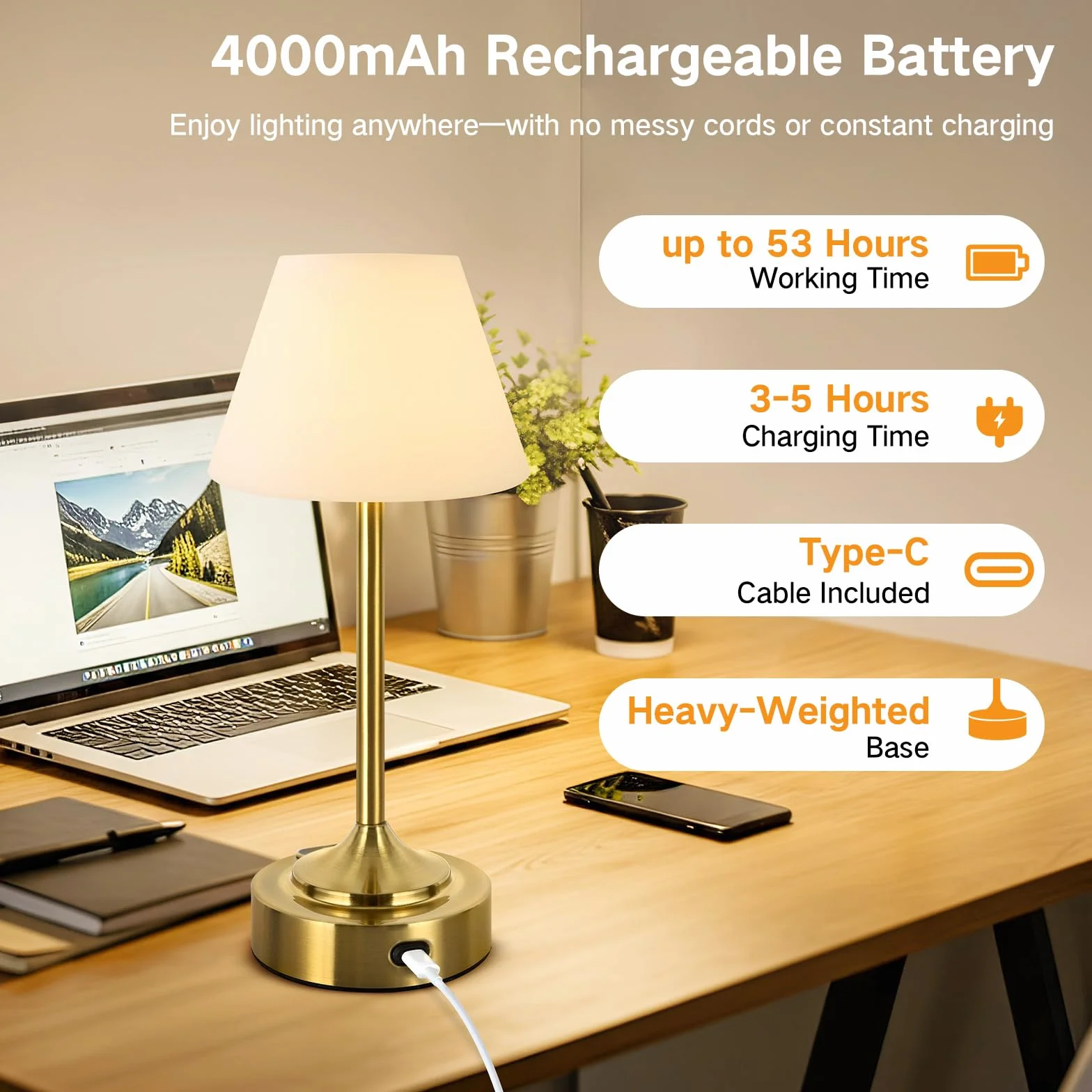 OUTON Pack 2 Lámparas de Mesa LED Sin Cable – Indicador de Batería, Regulación Táctil, USB-C, 3 Tonos (3000–6000K), IP54, Hasta 53h de Autonomía, para Dormitorio, Baño, Terraza (Oro)