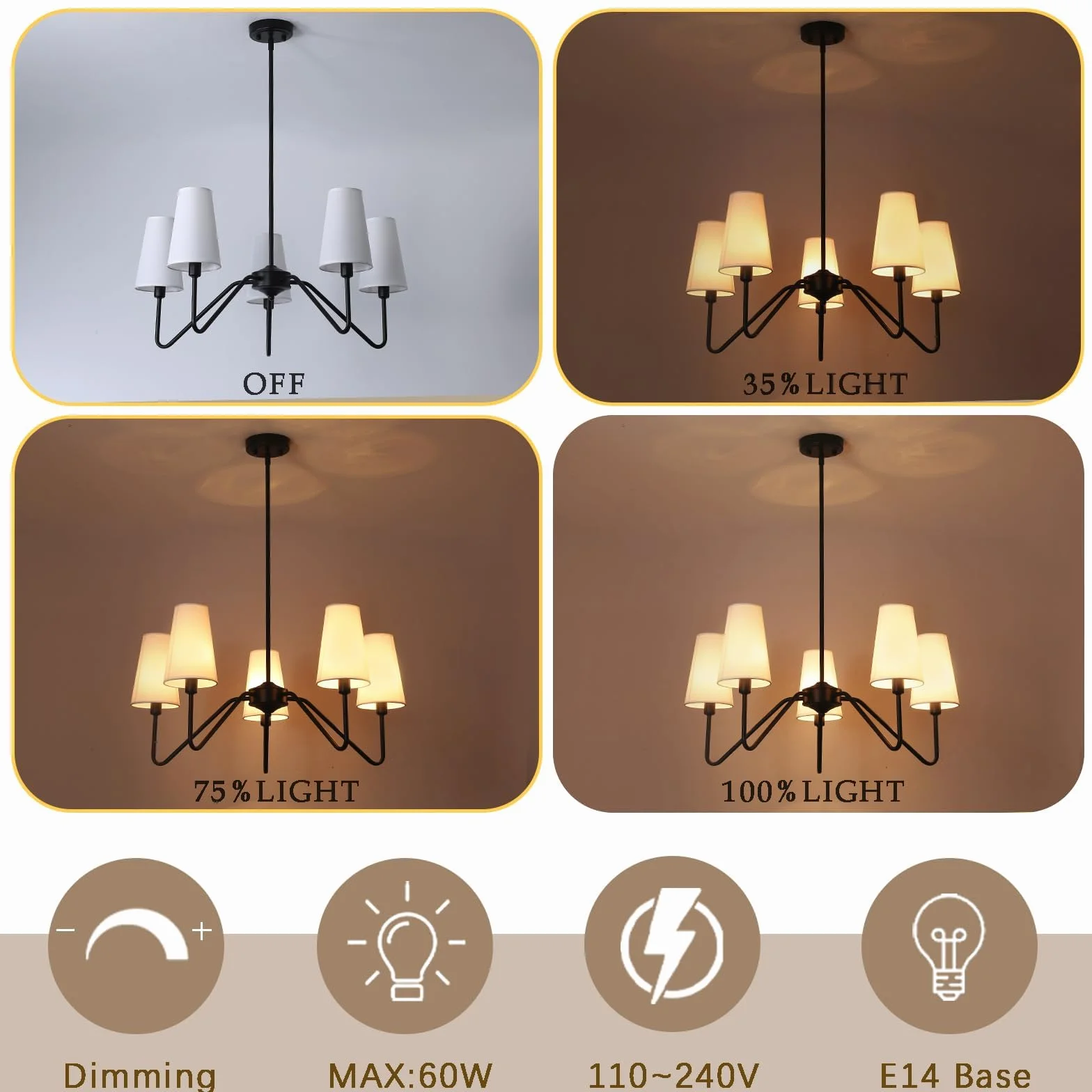 Lámpara Colgante Techo Negro 5 Luces 76cm E14 160W Pantalla Lino Blanco