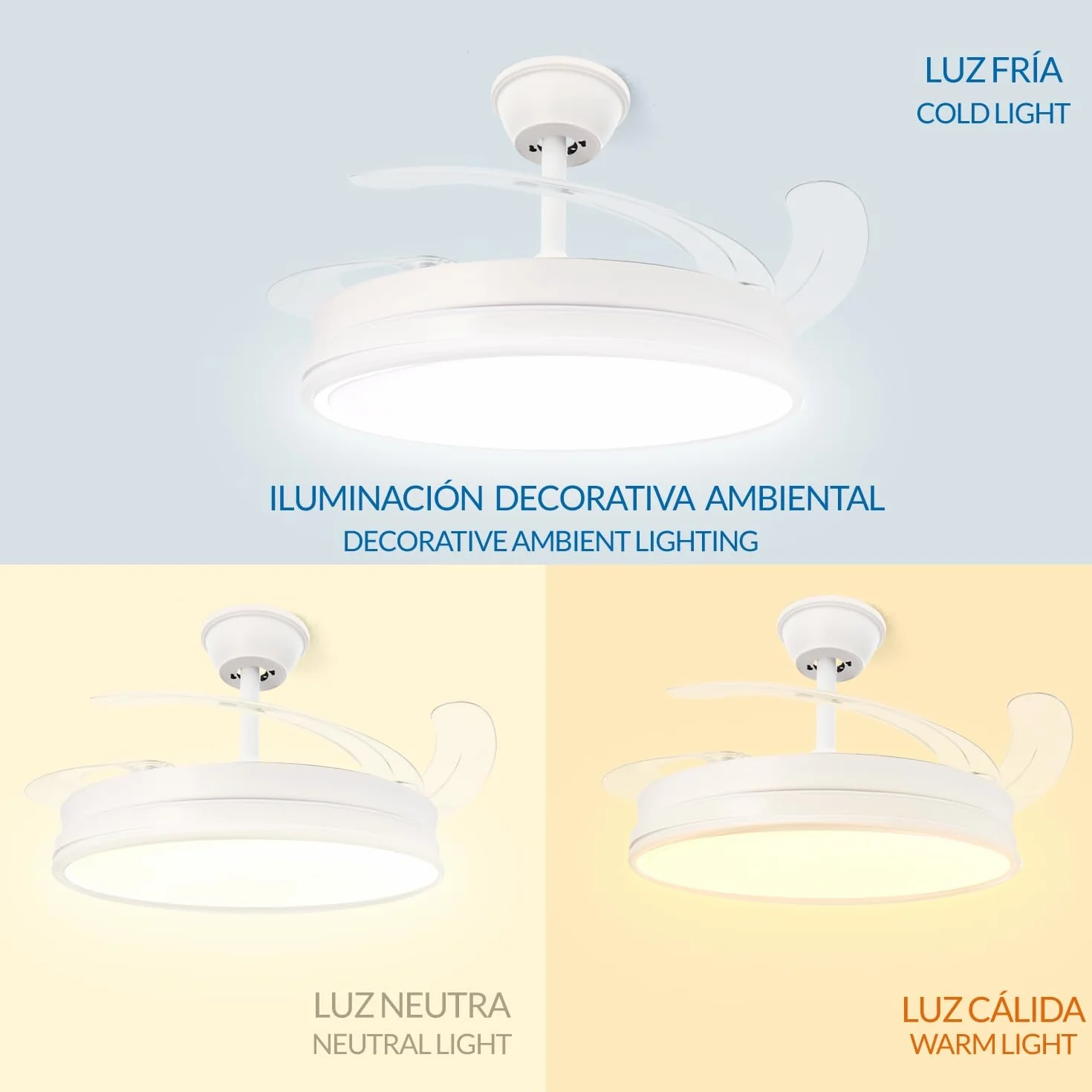 LEDUNI Ventilador de Techo LED con Aspas Retráctiles 66W 30W Motor DC 36W Luz 2880LM CCT 3000-6000K Control Remoto