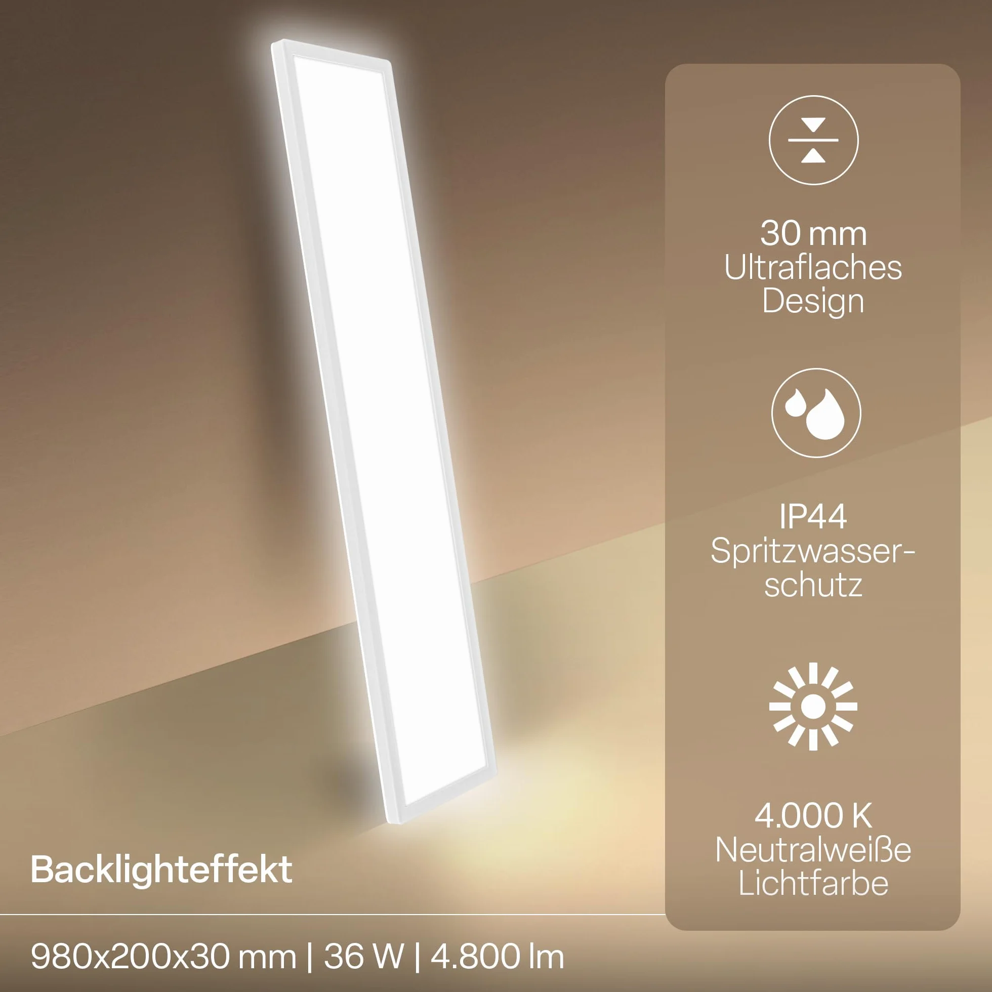 B.K.Licht Lámpara LED de techo plana luz blanca neutra IP44 98x20x3 cm blanca