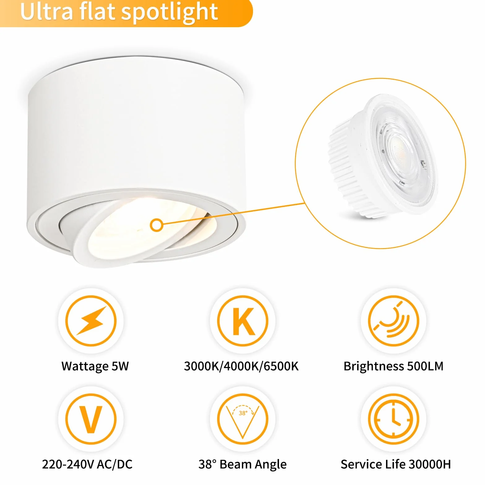 GeyouLux Foco LED Techo Regulable 5W Ø80x50mm Orientable 3000K/4000K/6500K 500LM 230V Aluminio Blanco Redondo 4 Piezas