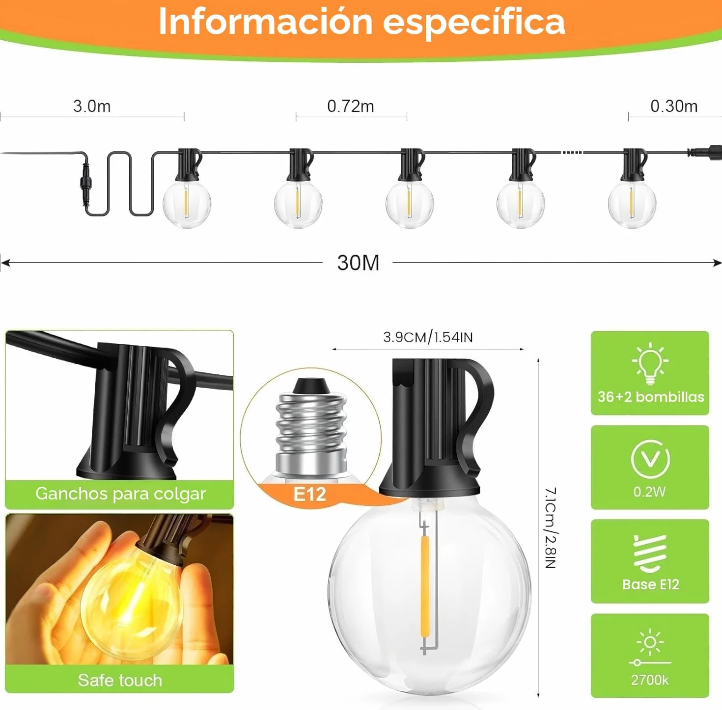 Guirnaldas Luces Exterior Jardín 30M LED G40 IP44 Impermeable Dimmable