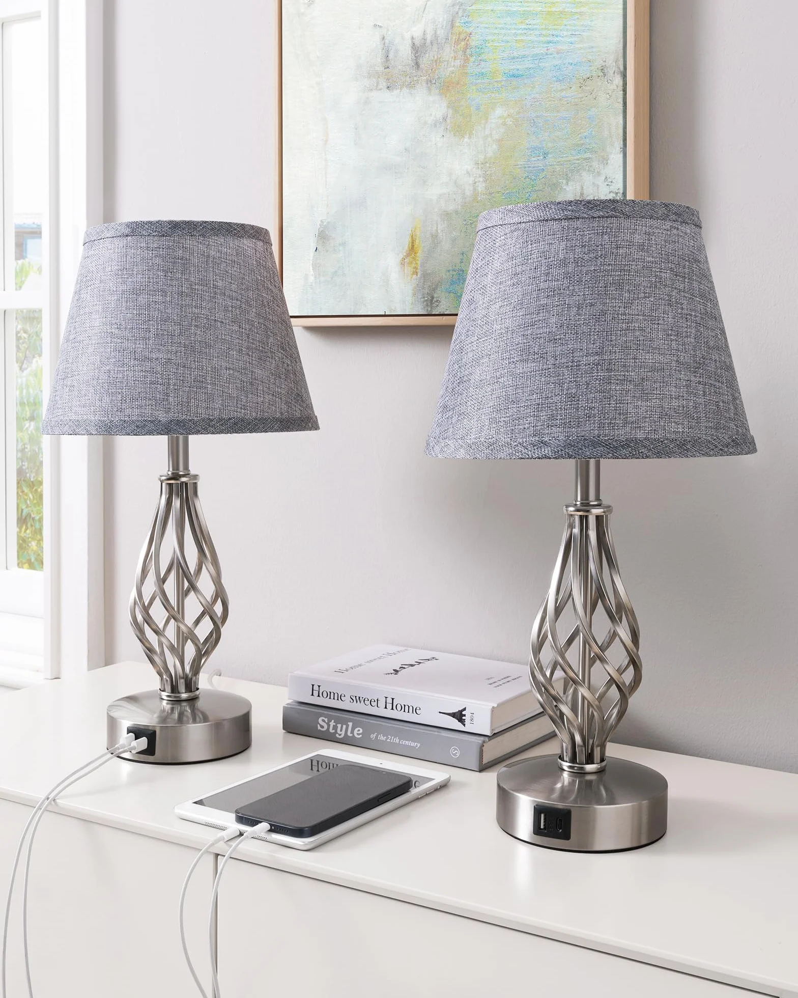EDISHINE Lámpara de Noche LED Regulable Táctil 2 Lámparas de Mesa 2 Puertos USB de Carga para Dormitorio, Salón, Alféizar de Ventana, Regalo, Pantalla de Lino, Gris