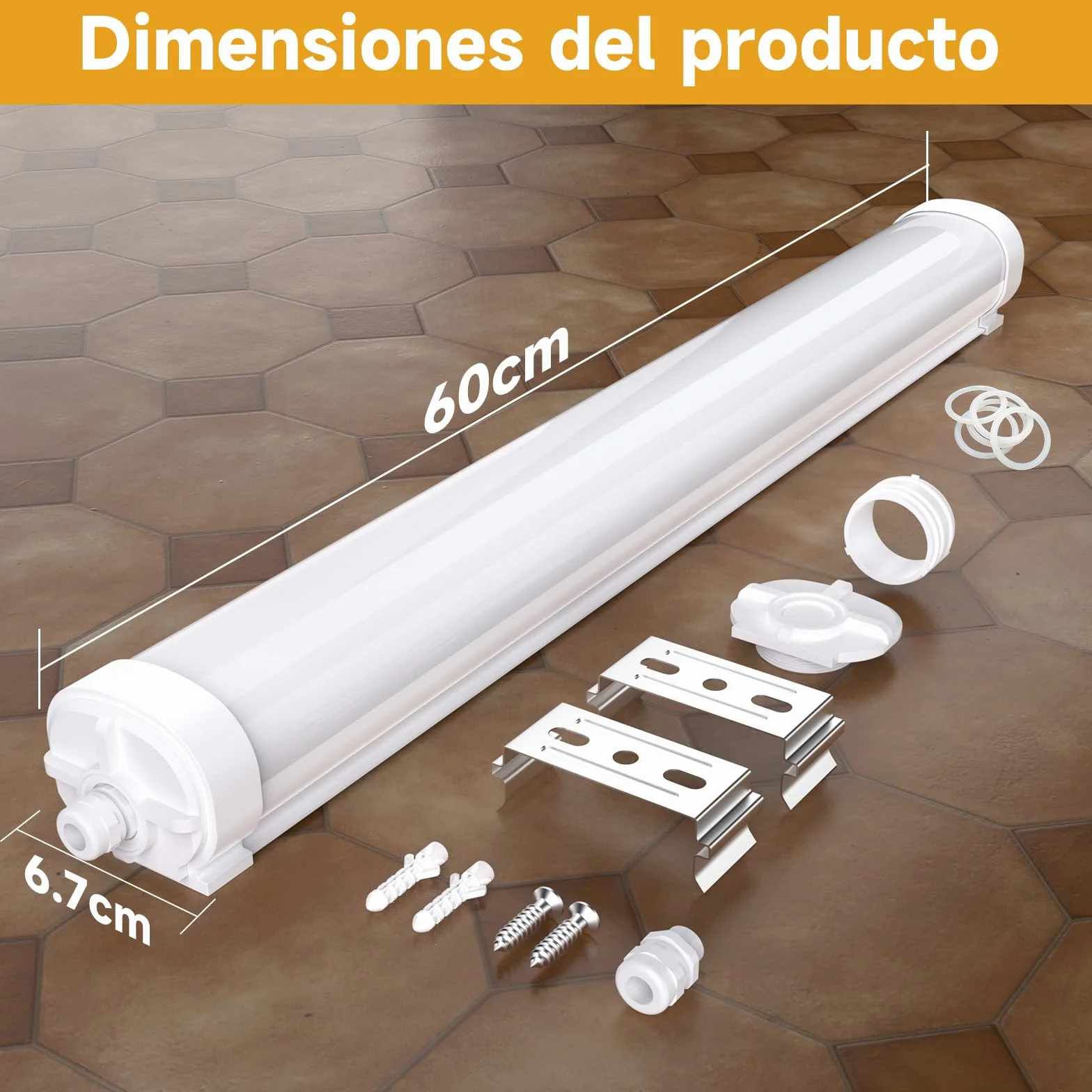 Lámpara de Techo LED 60CM, Fluorescente LED 18W, 2250lm, IP65 Impermeable, 6000K, Conectable, para Garaje, Taller, Cuarto de Baño, Oficina
