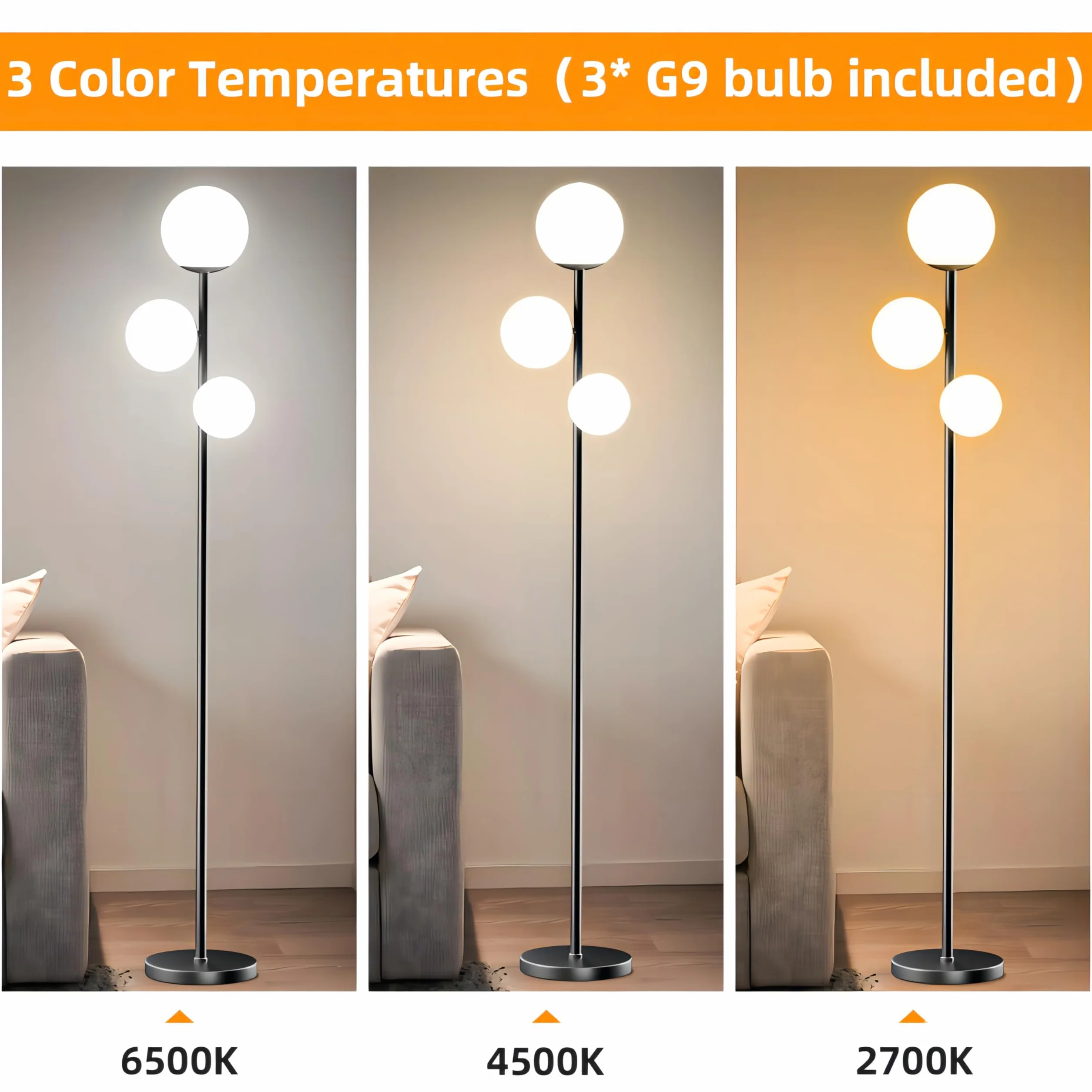 Lámpara de Pie 18W Moderna 3 Temperaturas de Color 3 Bombillas G9 3 Pantallas Alta con Interruptor