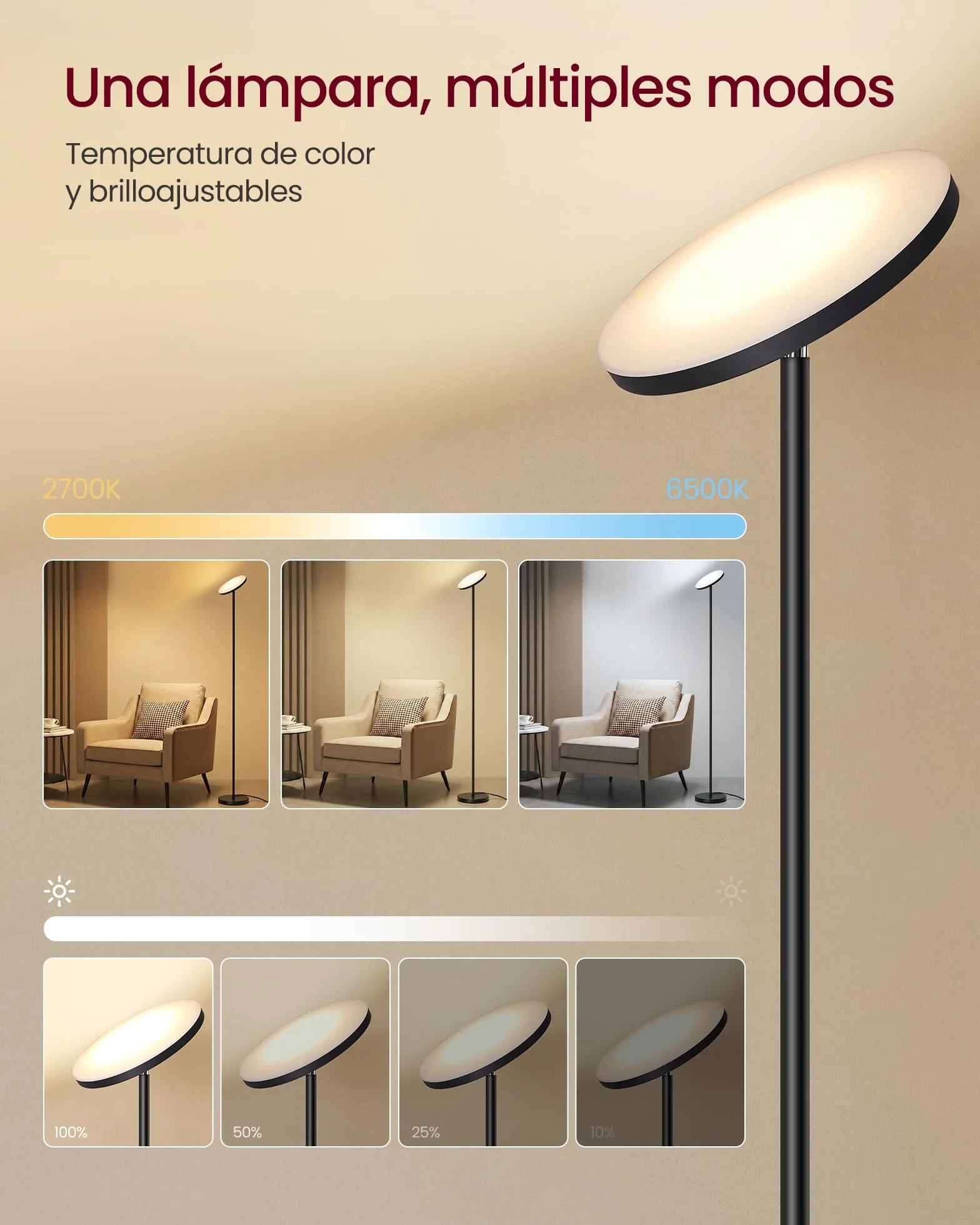 VASAGLE Lámpara de Pie LED 30 W Cabezal Orientable Negro Mate LFL018BD02