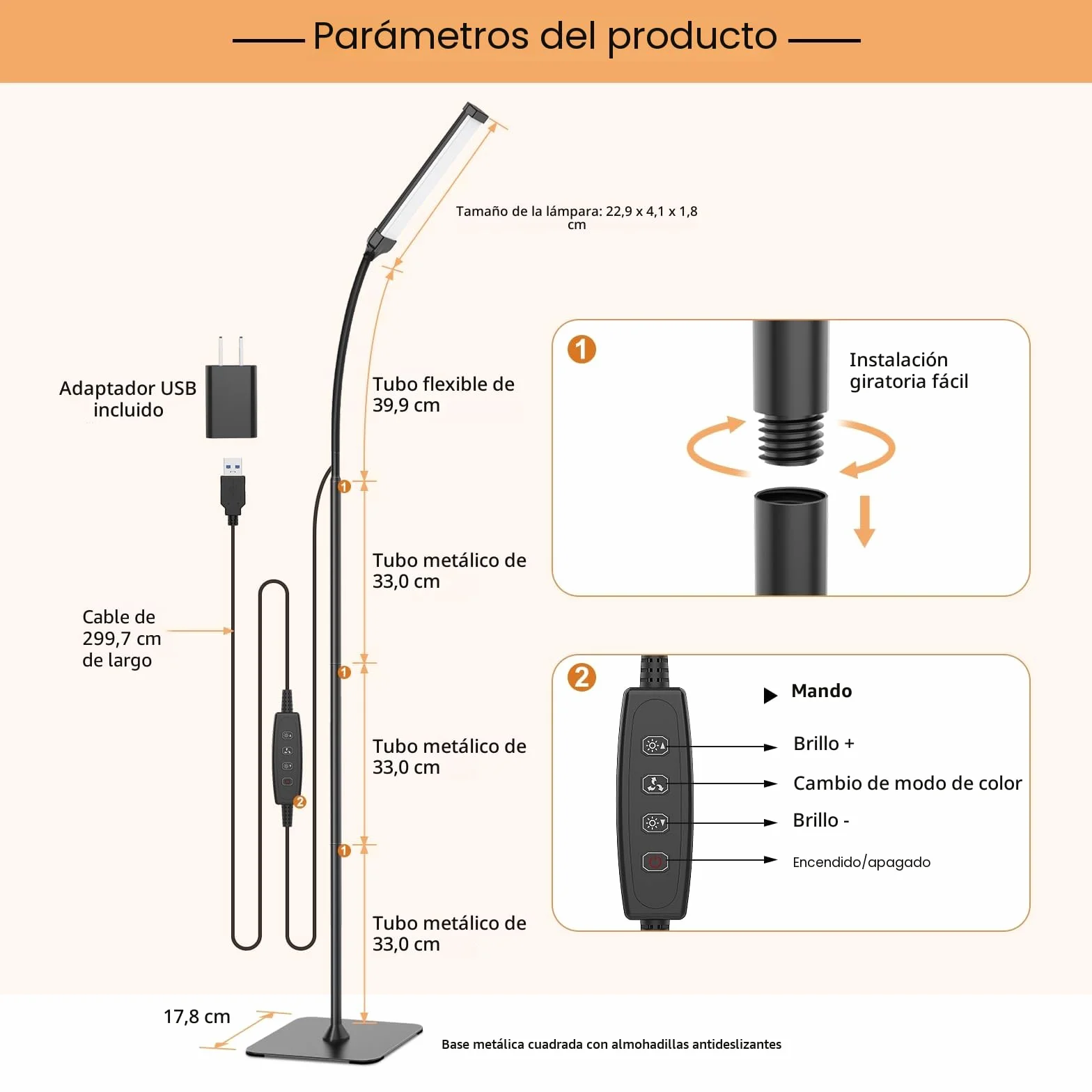 iFalarila Lámpara de pie 120 LED 10 W 3 colores 10 brillos brazo flexible