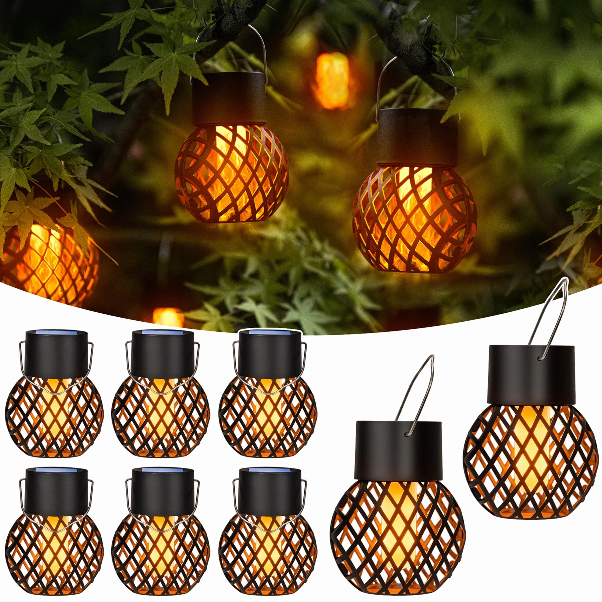 GIGALUMI Paquete de 8 luces solares colgantes de llama parpadeante, luces solares impermeables para jardín, patio, valla, árbol