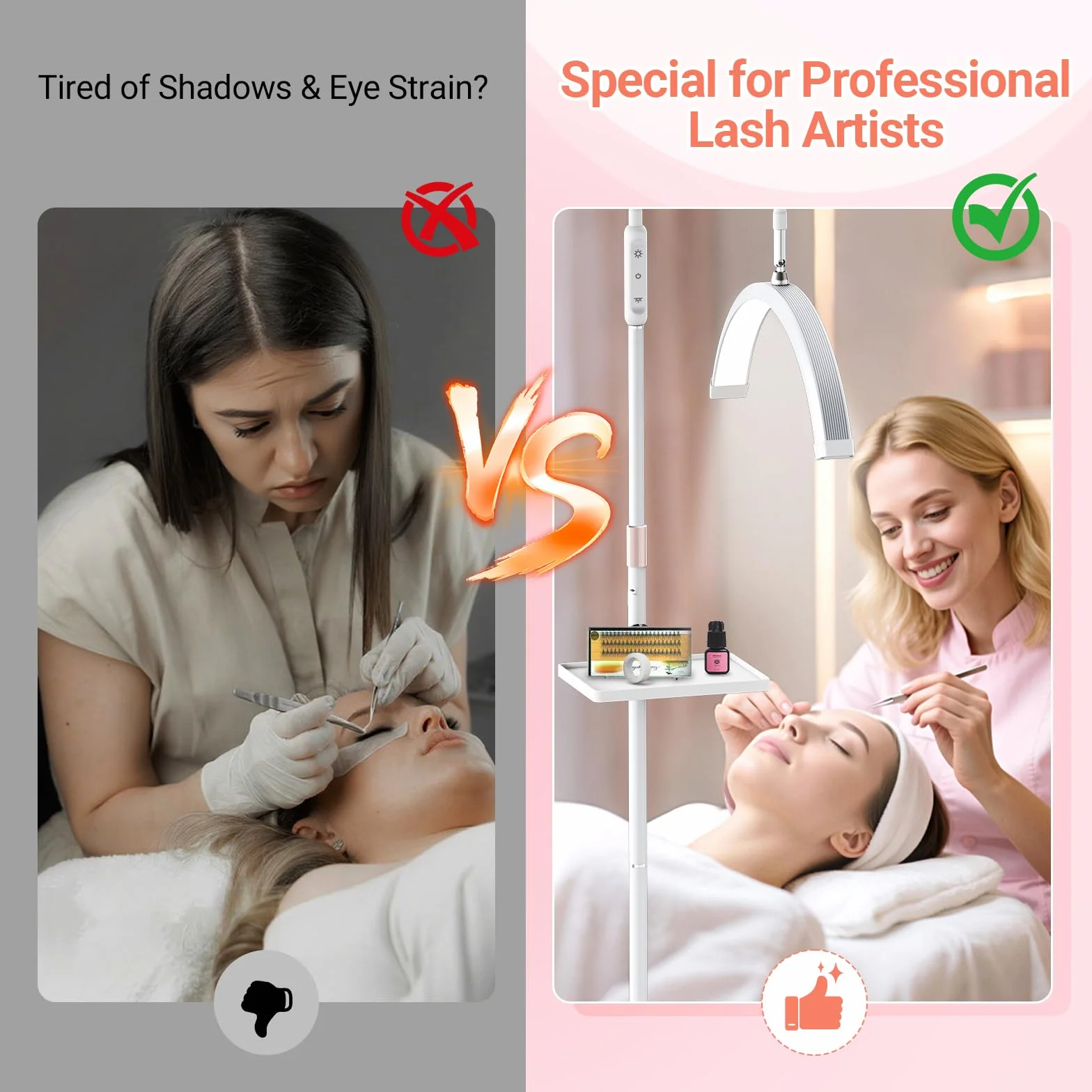 Lampara LED de Pie para Extensiones de Pestañas 18" Plegable 5 Colores Regulables Rotación 360° Blanco
