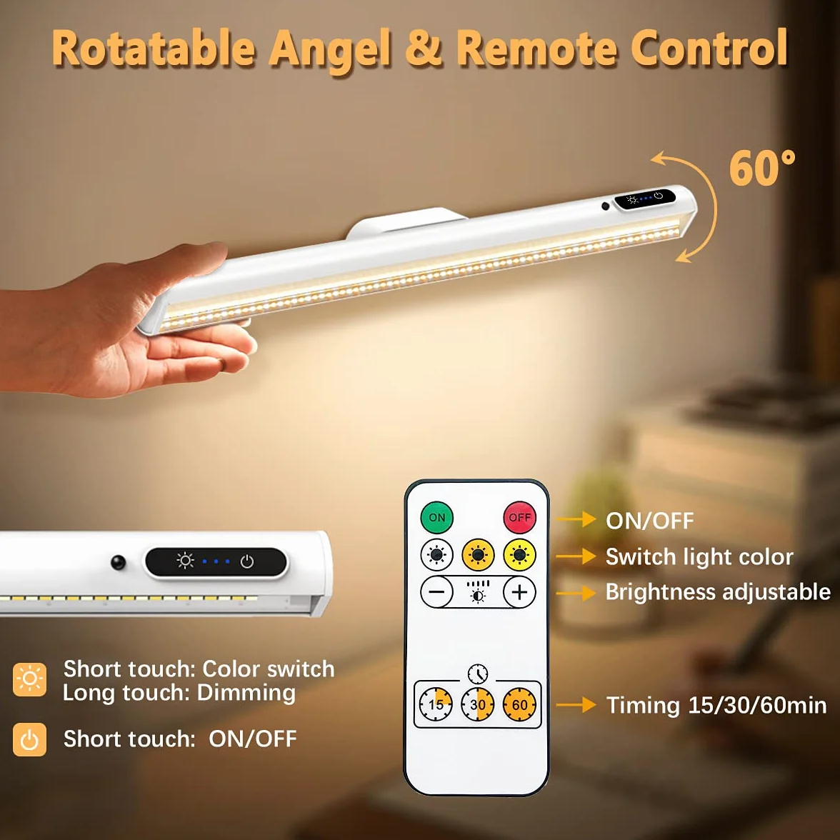 Hapfish Lampara LED Escritorio 4000mAh, Flexo LED Escritorio Sin Cable con Mando a Distancia, Luz Armario USB Recargable Magnetica Inalambrica, Lámpara Pared Pilas para Cocina Mesa Estanteria Espejo