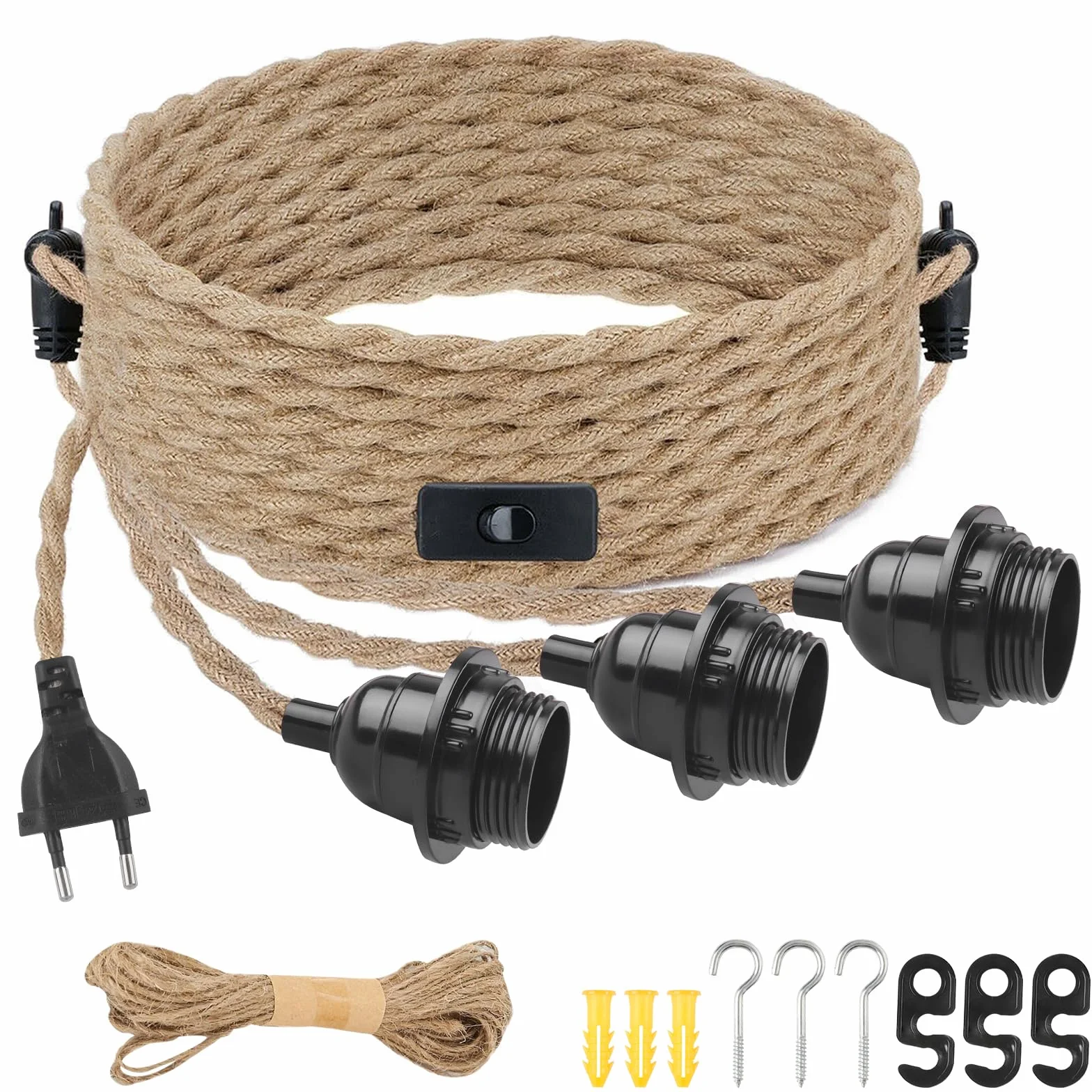 Lámpara de Cuerda Techo 3 Luces E27 Vintage con Enchufe e Interruptor, Cáñamo, Retro para Cocina Dormitorio Salón
