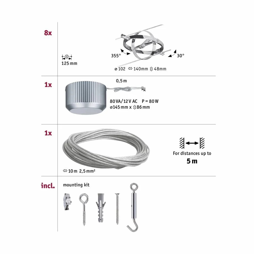 Paulmann Set Cardan Cableado Corriente Continua 8x10W GU5,3 Regulable Lámpara LED