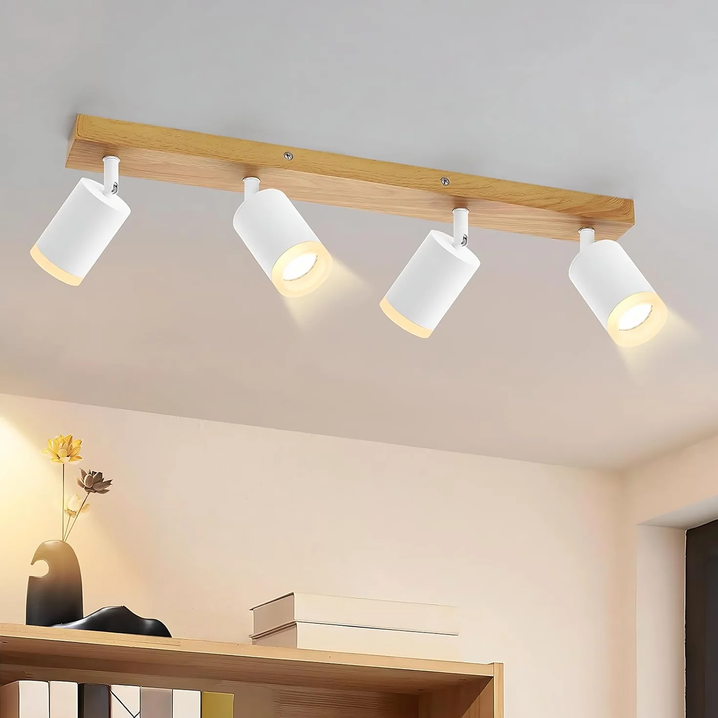 ZMH Lámpara de techo LED reflector de 4 focos - Lámpara de techo de madera GU10, lámpara de cocina giratoria 350°, vintage, para cocina, pasillo, salón, dormitorio (sin bombilla)