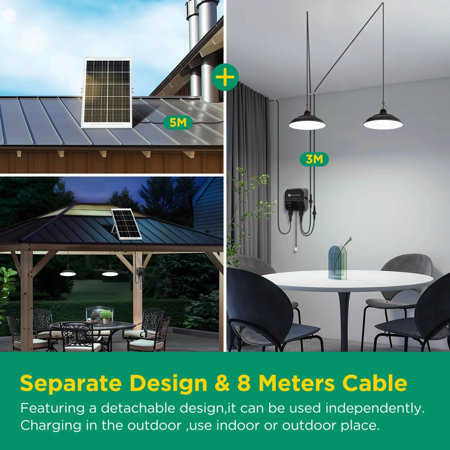 Aigostar - Luz solar exterior con mando a distancia y cuerda de tracción，cable de 11 m，batería de gran capacidad de 6000 mAh，IP65.Luz solar para interior/exterior，jardín，camping，2 lámparas