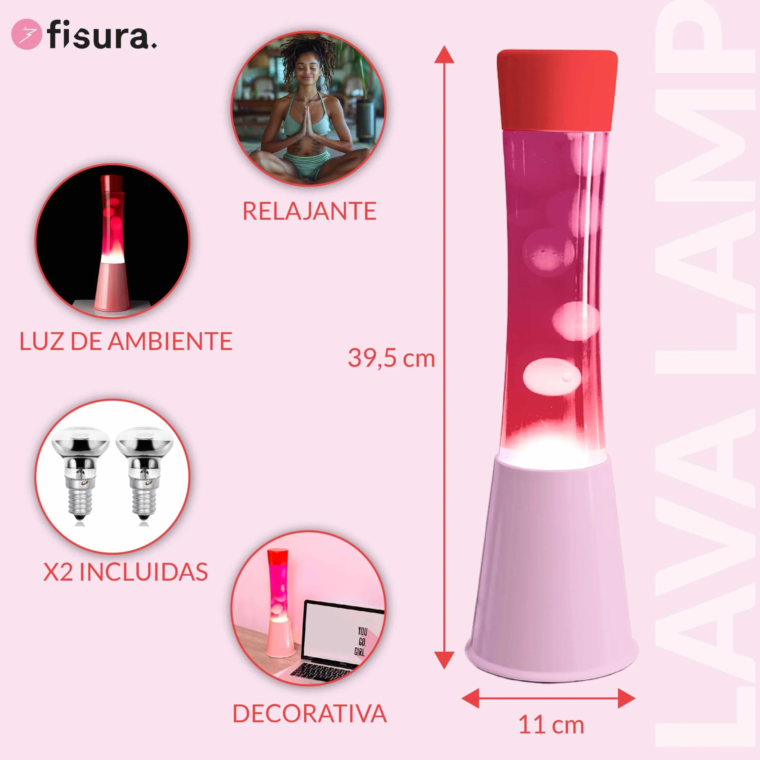 Fisura Lámpara de Lava Rosa 39,5 cm con Bombilla de Repuesto