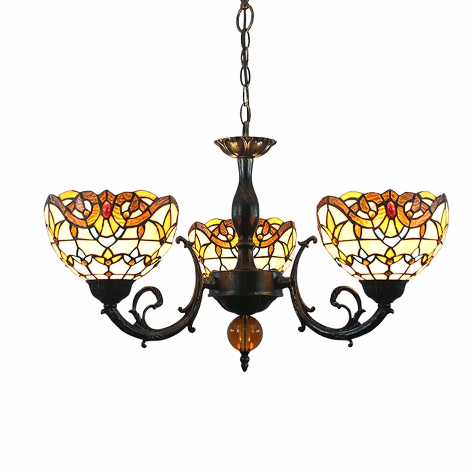 Lámpara de araña Tiffany cristal colores 3 cabezas 8 pulgadas estilo barroco vintage amarillo colgante comedor
