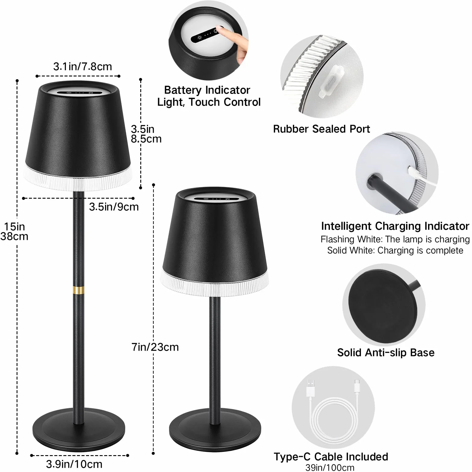 OUTON Lámpara de Mesa Inalámbrica con 3 Modos de Luz y RGB, LED Recargable con Control Táctil, Regulable y Memoria, Impermeable IP54 para Dormitorio, Bar y Café, Negro